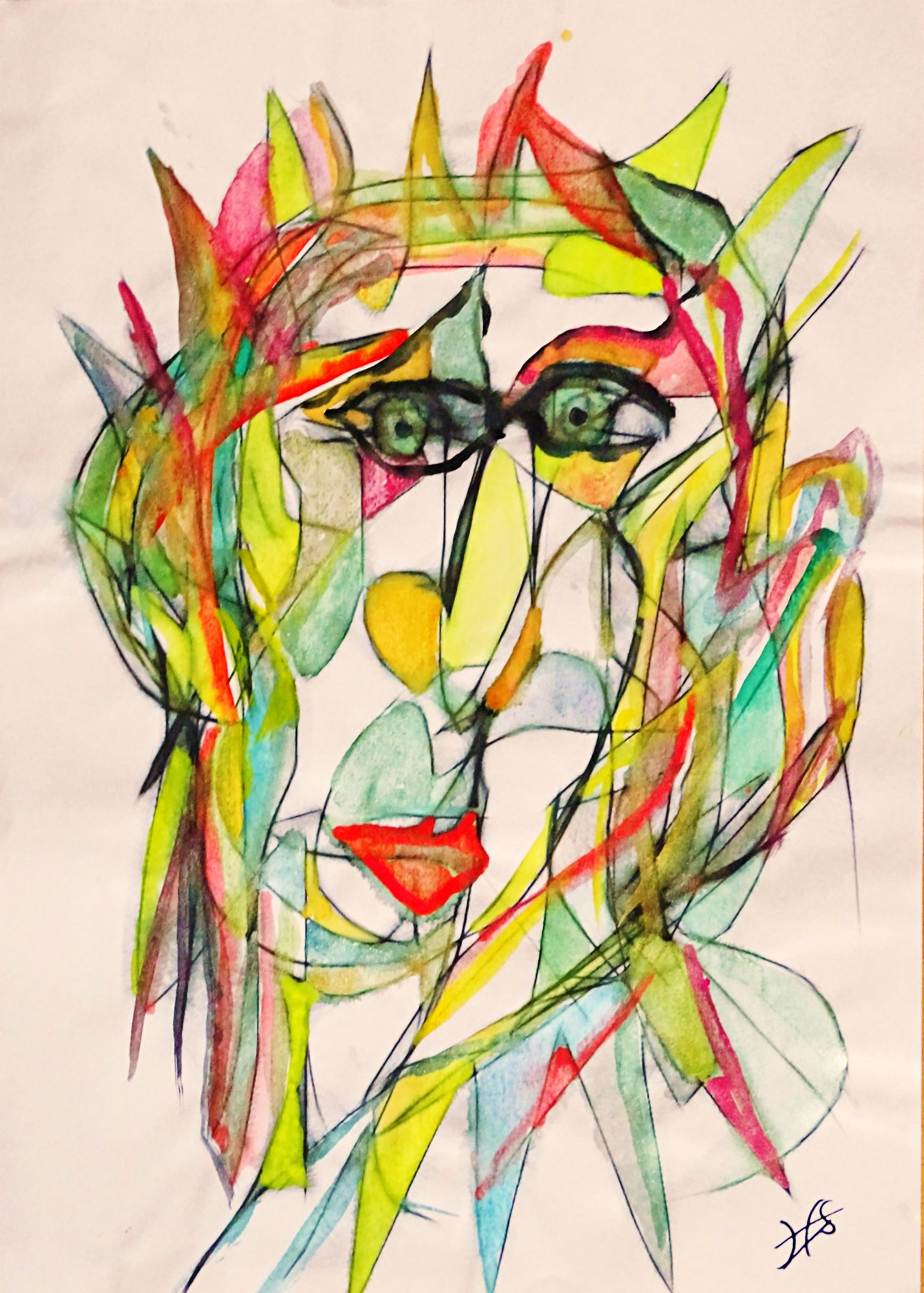 Bright, abstract lines and shapes form a colorful, expressionist portrait with prominent eyes and red lips. The use of vibrant colors and dy...