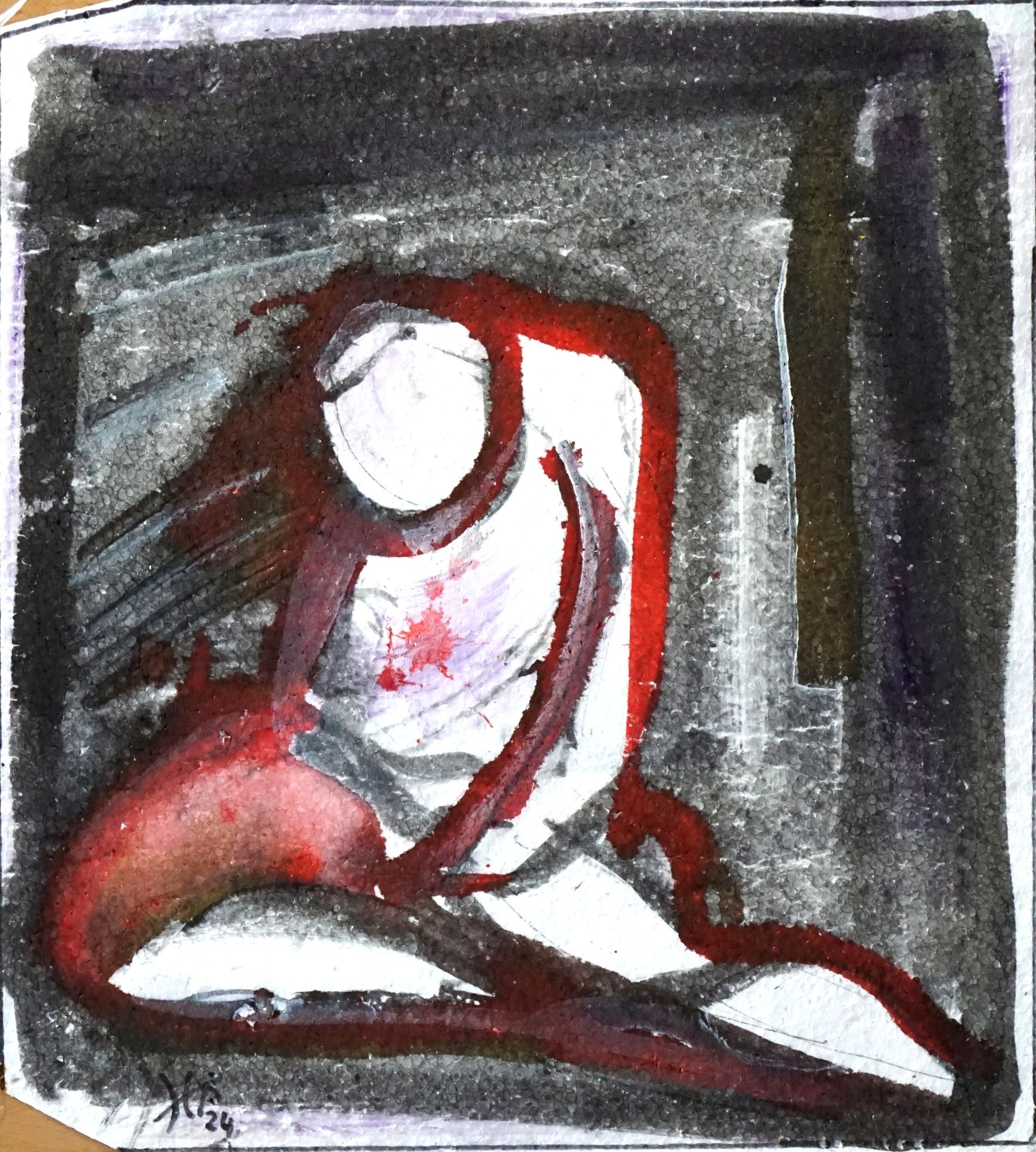A solitary, abstract figure is depicted using bold red and black brushstrokes, seated in a somber, introspective pose against a dark, textur...