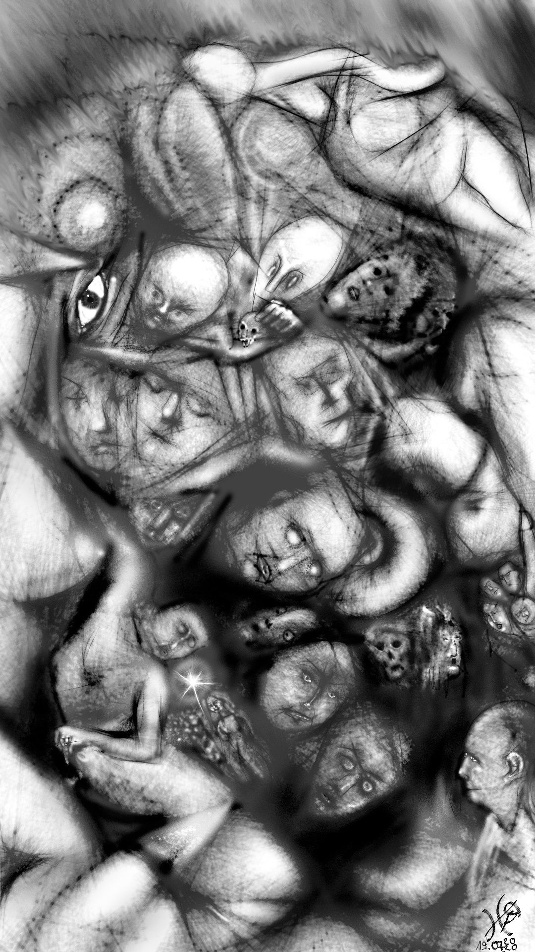 A surreal composition features a dense cluster of faces and abstract forms intertwined, evoking a sense of chaos and complexity. Various fac...