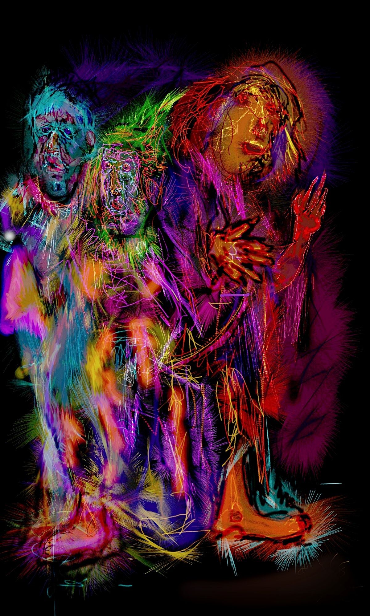 Three figures merge in a vibrant, abstract composition. Multicolored forms create a dynamic and energetic visual experience. sinister by Gre...