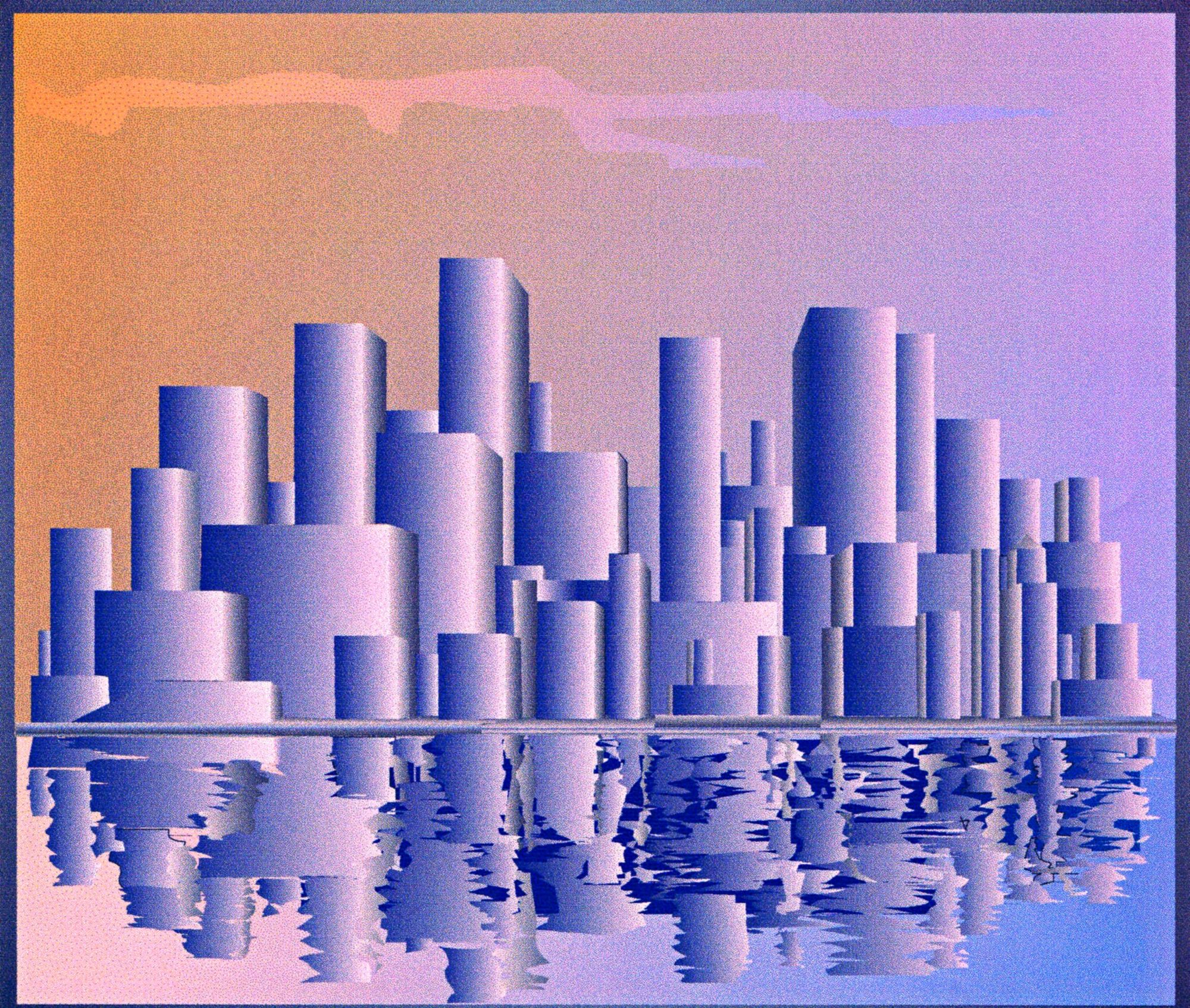 A collection of abstract, geometric skyscrapers is mirrored beautifully in the water below, set against a gradient sky transitioning from pe...