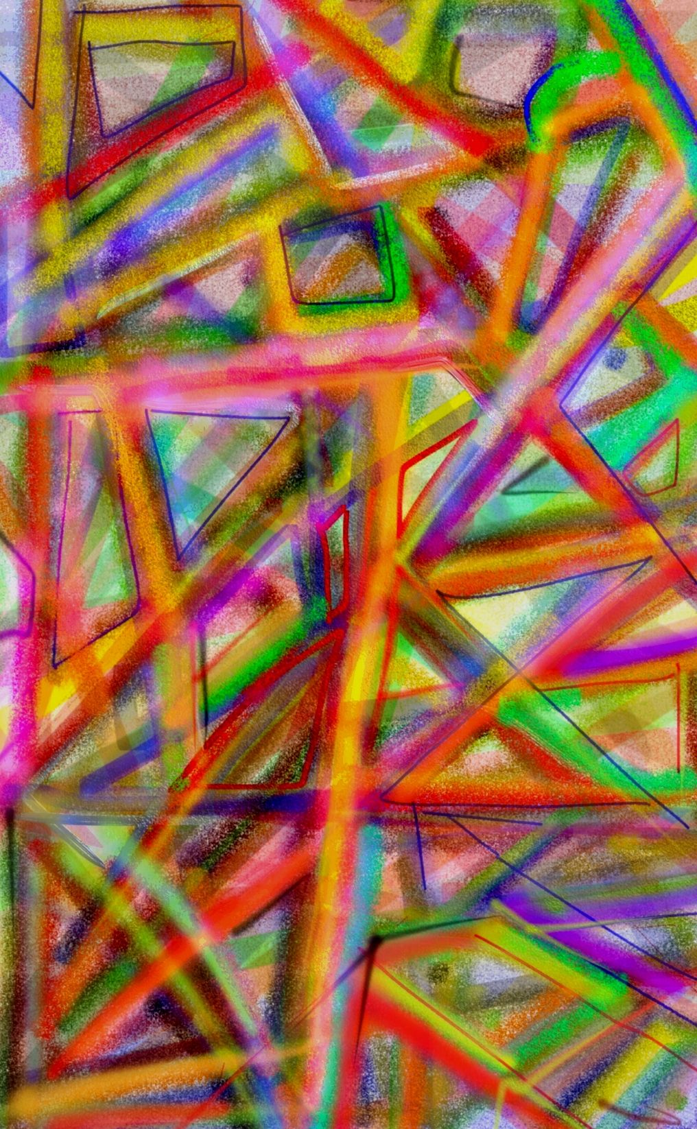 Brightly colored geometric shapes overlap in a chaotic, intricate pattern. Vibrant hues and intersecting lines create a dynamic and energeti...