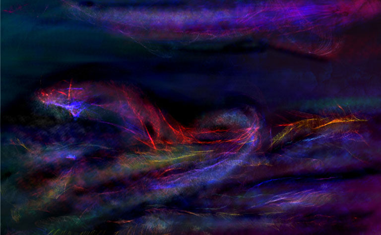 Swirling colors of blue, purple, and red create a dynamic and abstract visual effect, reminiscent of energetic movement or a stormy sky. Hin...