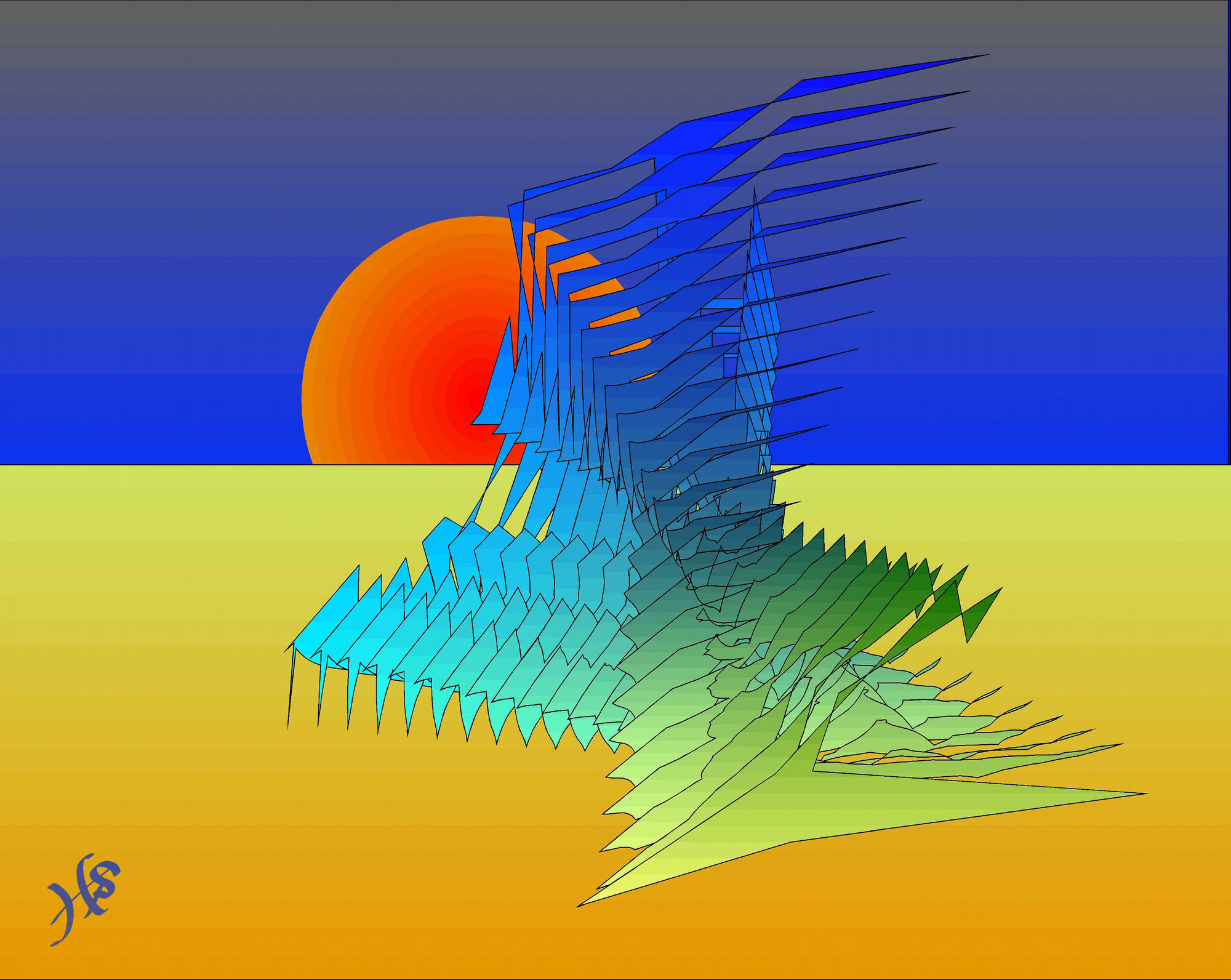 A geometric, abstract design sits against a background featuring a gradient sunset with warm, vibrant colors. The intricate structure consis...