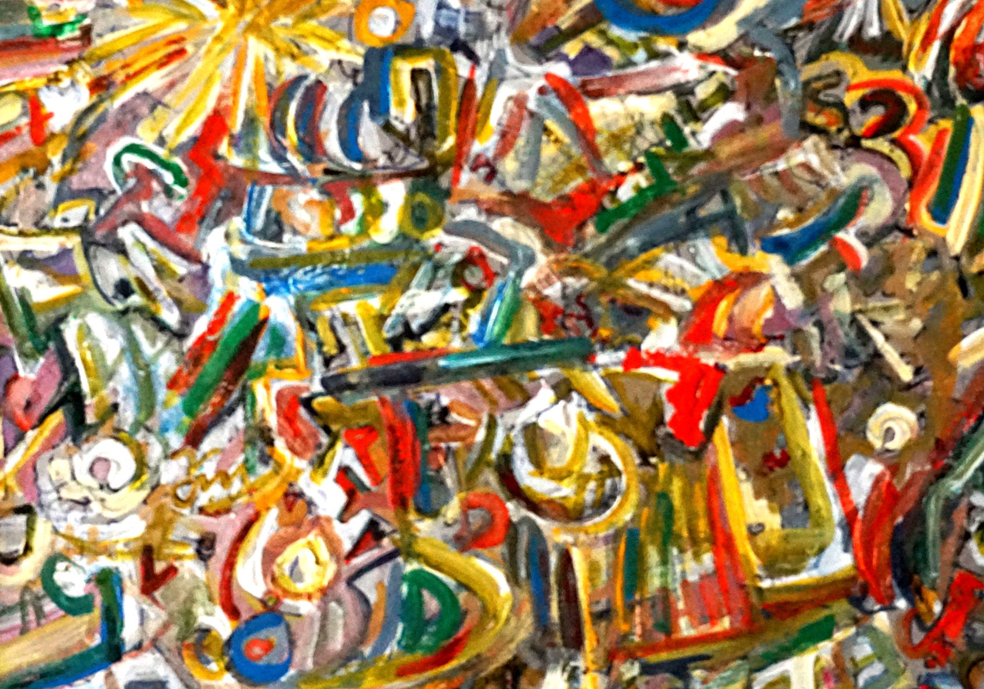 An array of vibrant colors and abstract shapes create a dynamic and energetic composition. The chaotic arrangement of lines and forms sugges...