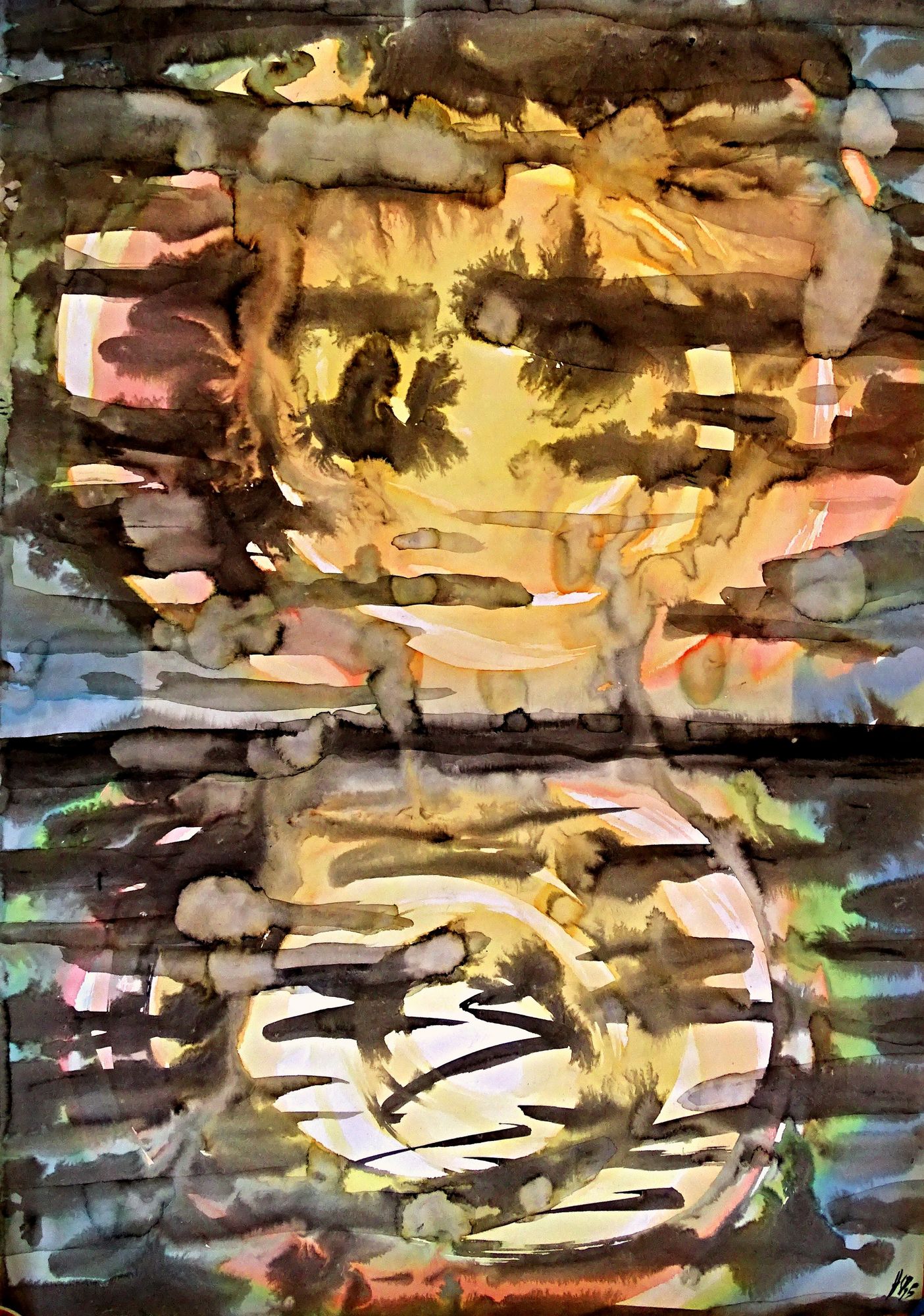 A blend of warm and cool tones creates an abstract, atmospheric scene, with swirling patterns that evoke a sense of motion and depth. Organi...