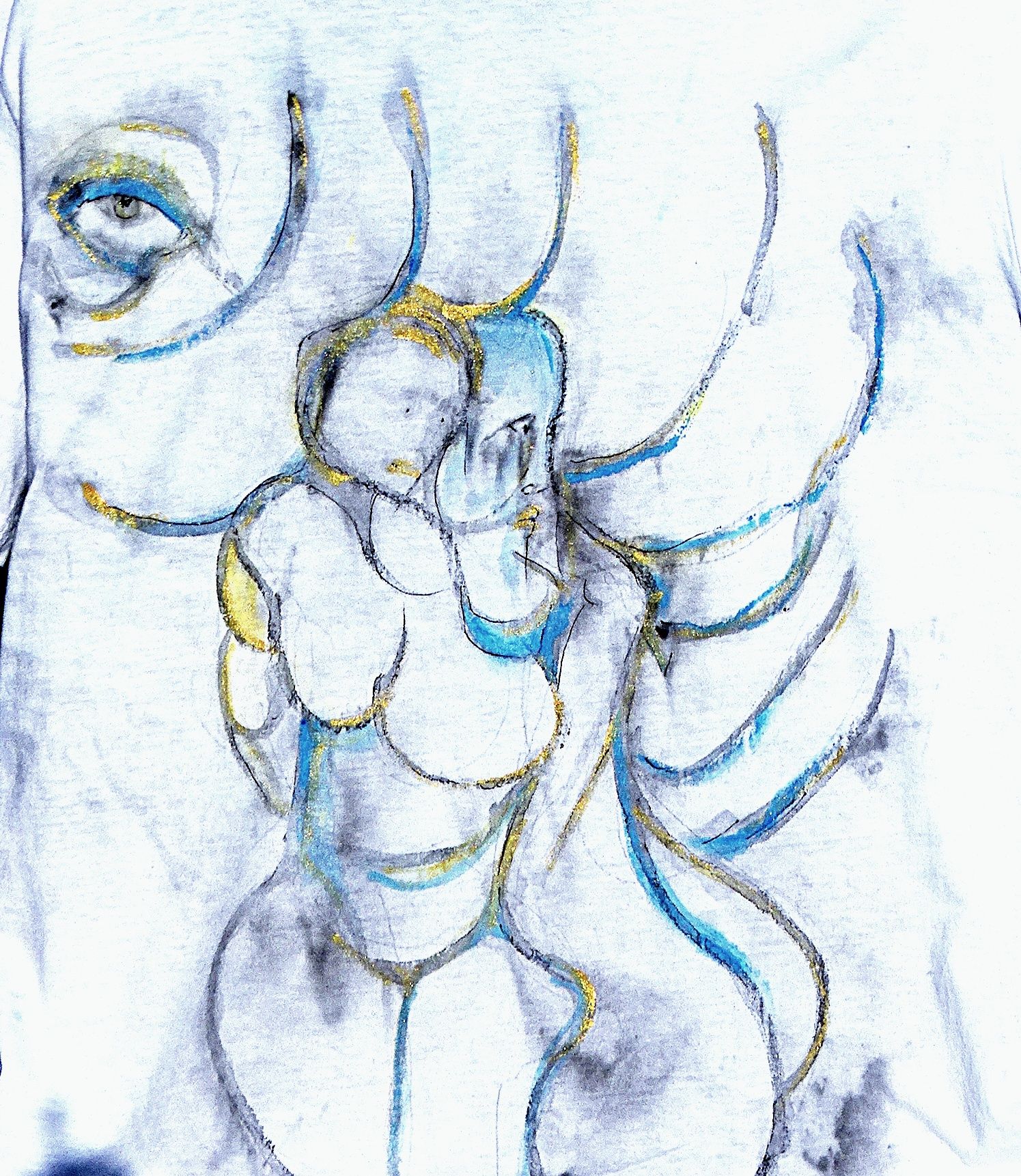 Abstract shapes in blue and yellow outline two loosely defined human figures. Overlaying lines converge at a prominent eye in the upper left...