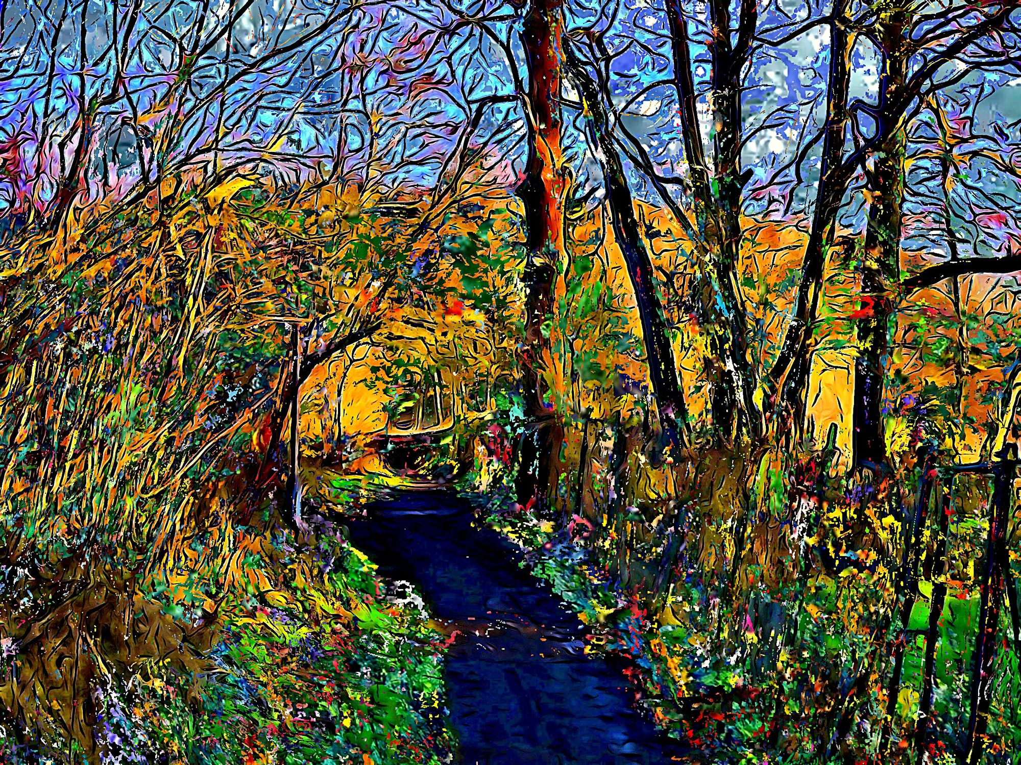 Vibrant colors swirl throughout a woodland path, surrounded by a canopy of trees with rich autumnal hues. The scene evokes a sense of myster...