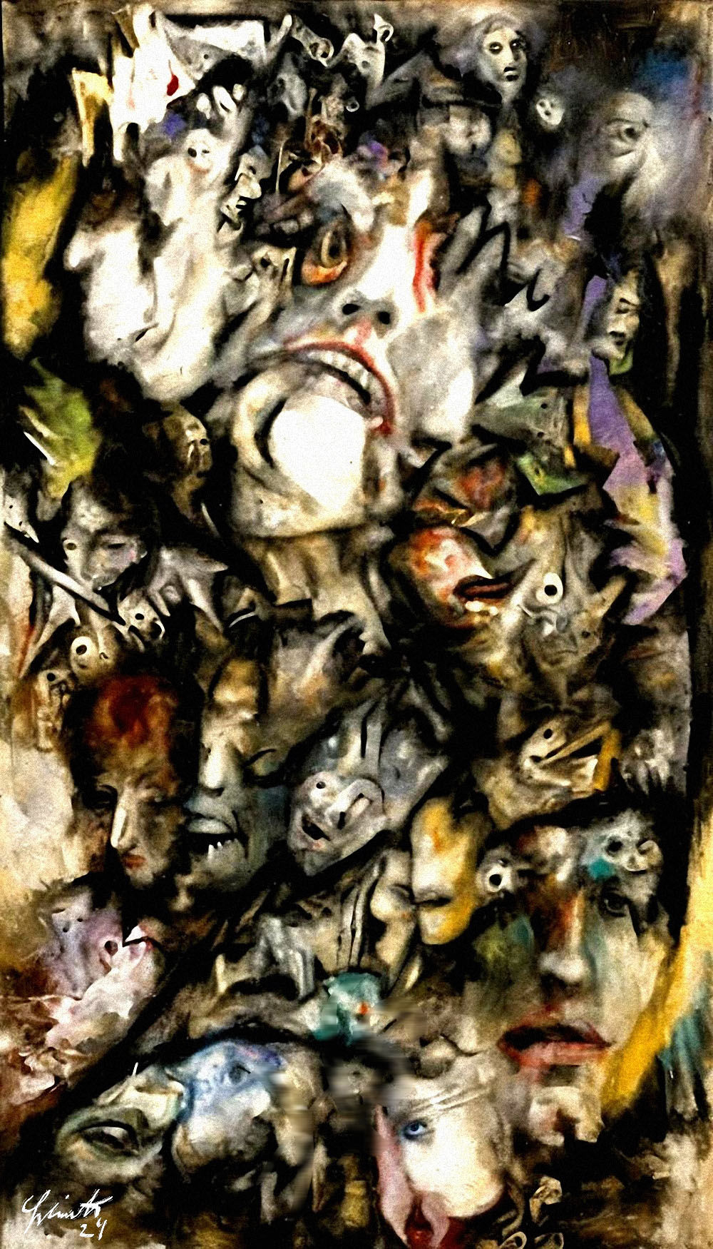 Chaotic and expressive collection of faces merges into a dense, abstract composition, evoking various emotions and stories. Dark and vibrant...