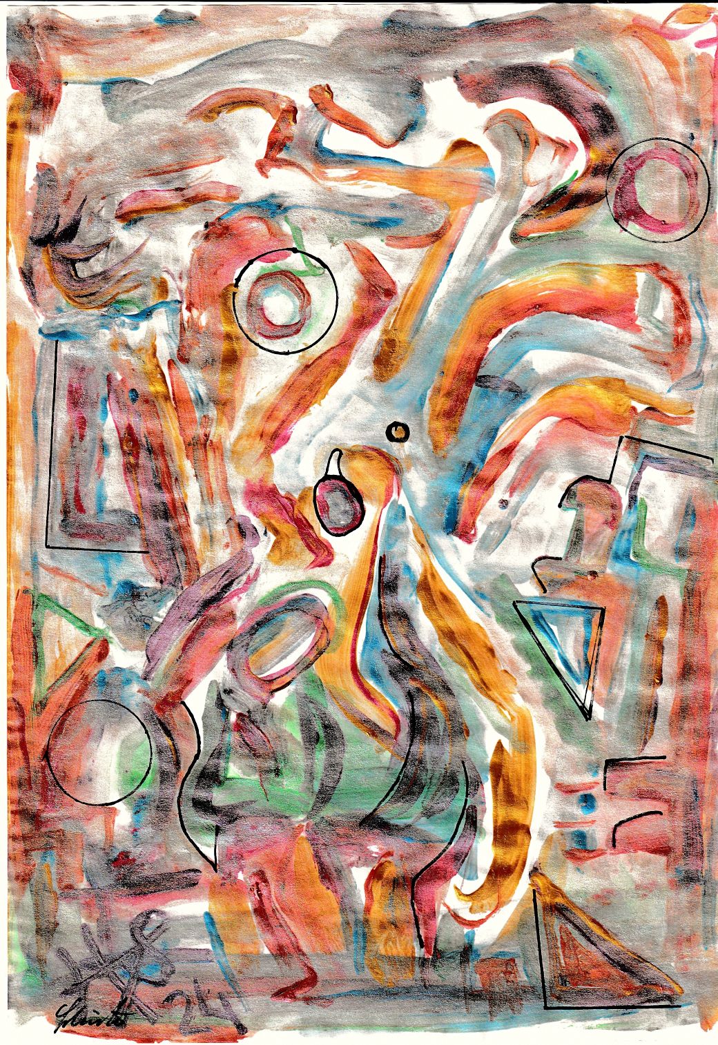 Abstract forms and vibrant colors blend together, creating a dynamic and energetic composition. Various geometric shapes and fluid lines mov...