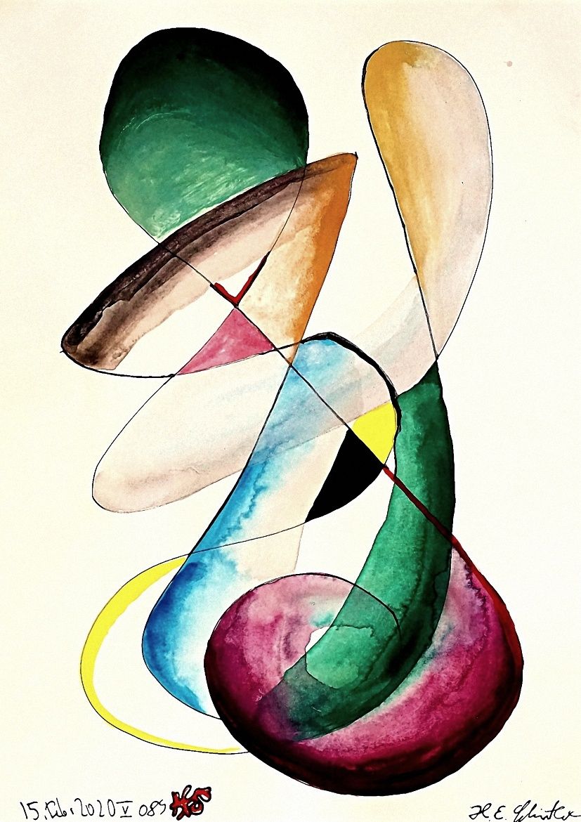 Bright, geometric shapes and bold colors intertwine to create a vibrant abstract composition. The use of red, blue, green, yellow, and black...