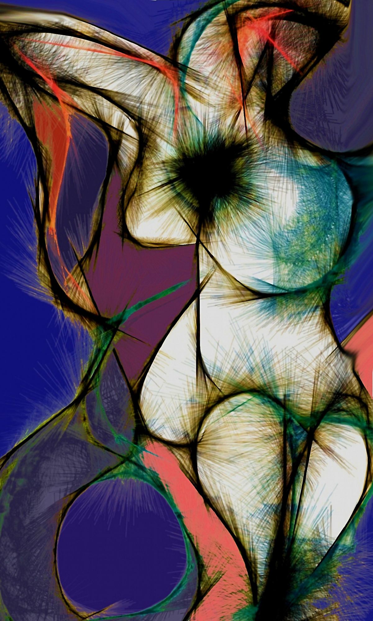 A dynamic blend of expressive lines and vibrant colors depicts a stylized human form. The bold contrast of greens, blues, and oranges agains...