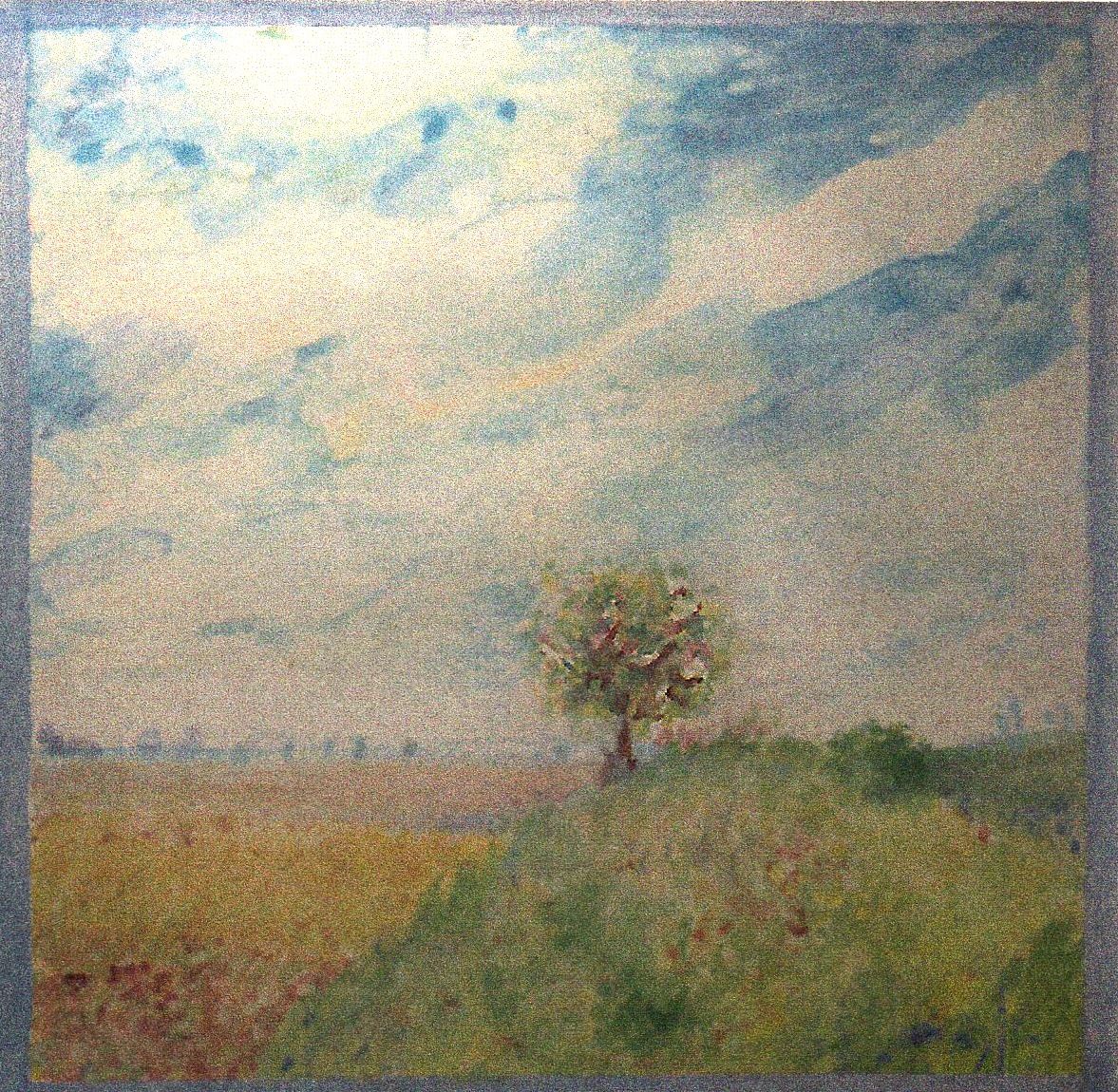 A lone tree stands atop a gentle hill, surrounded by fields under a vast, cloudy sky. The scene evokes a sense of tranquility and open space...