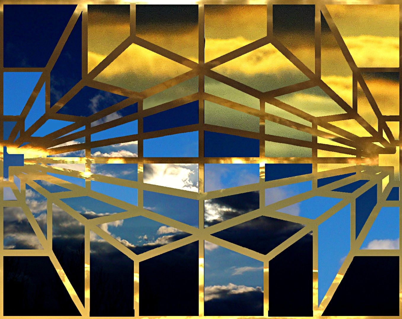 Geometric shapes form a complex pattern overlaid on a vibrant sky, creating a fusion of natural and abstract elements. The golden hues of th...