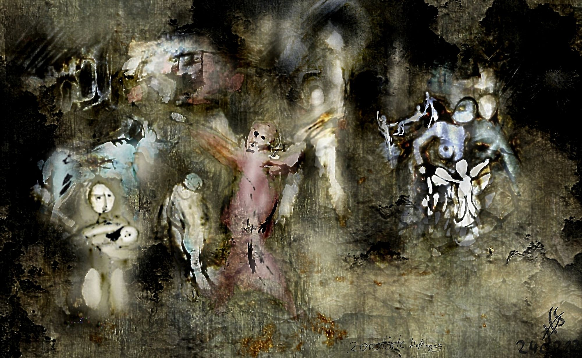 Ghostly figures emerge from a dark and textured background, creating an eerie and surreal atmosphere. Ethereal shapes and muted colors conve...