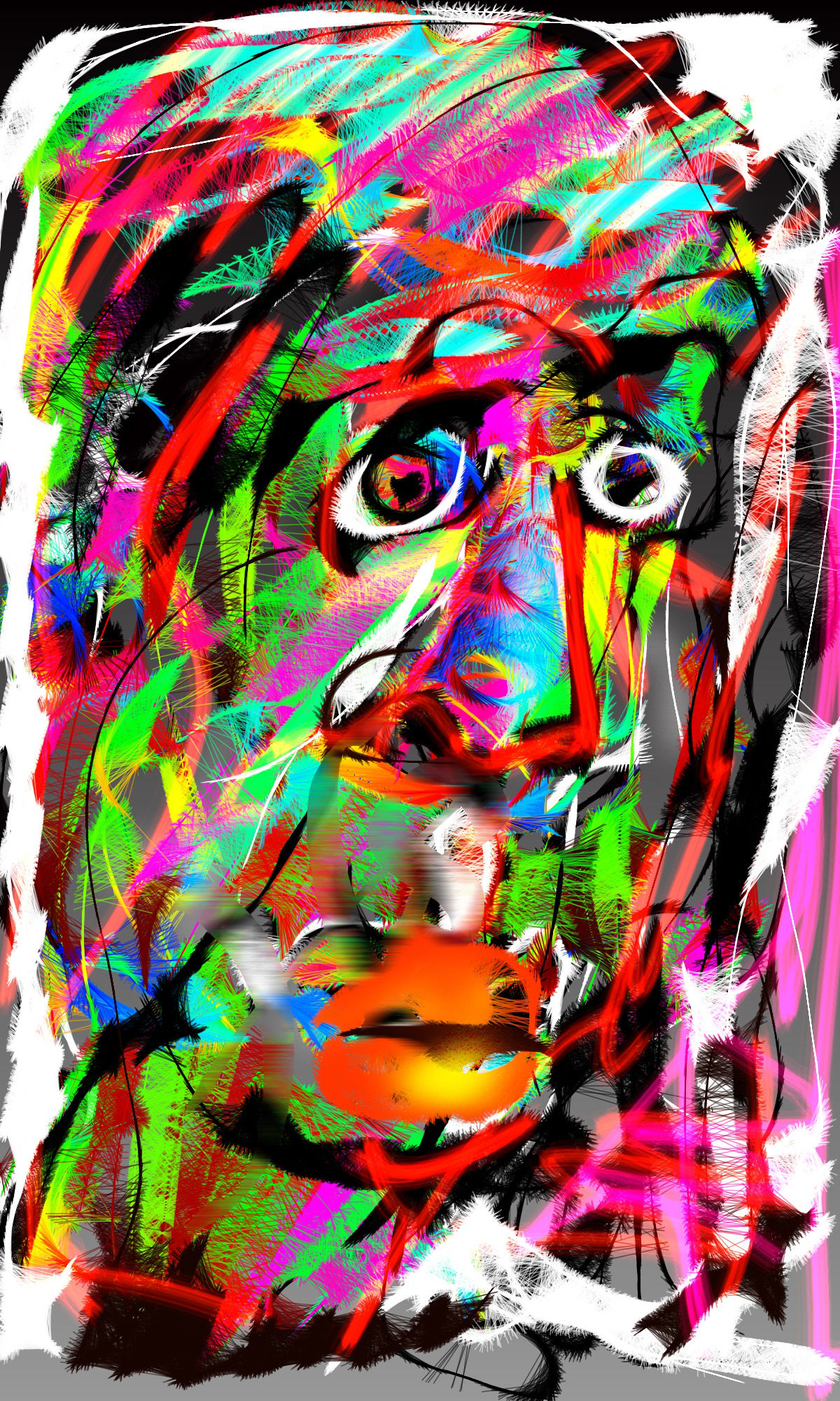 A colorful and abstract portrayal of a face is filled with vibrant, swirling lines in various shades of red, blue, green, and yellow. Bold,...