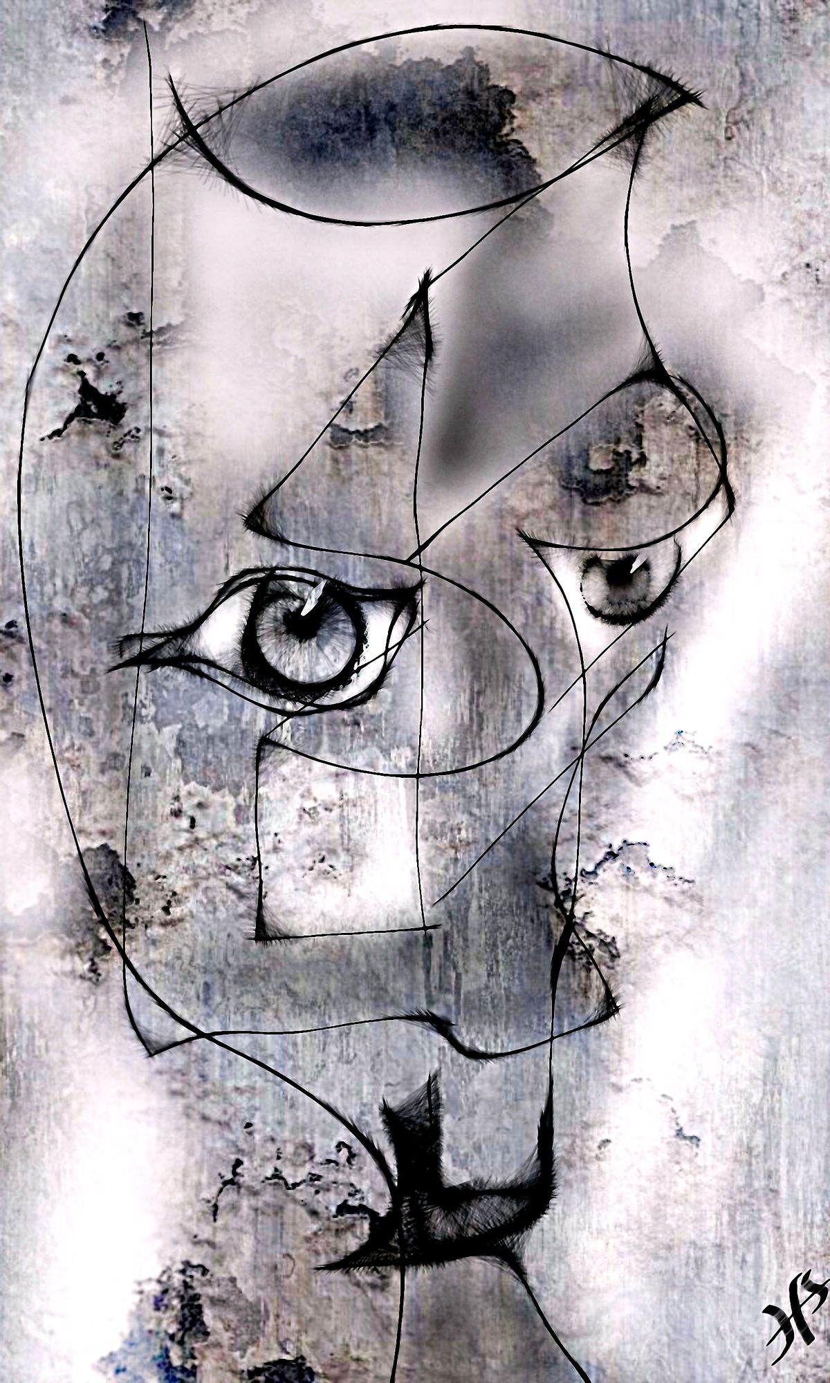 Abstract lines intertwine to form an enigmatic face with deep, expressive eyes. The background exhibits a weathered, mottled look, adding to...