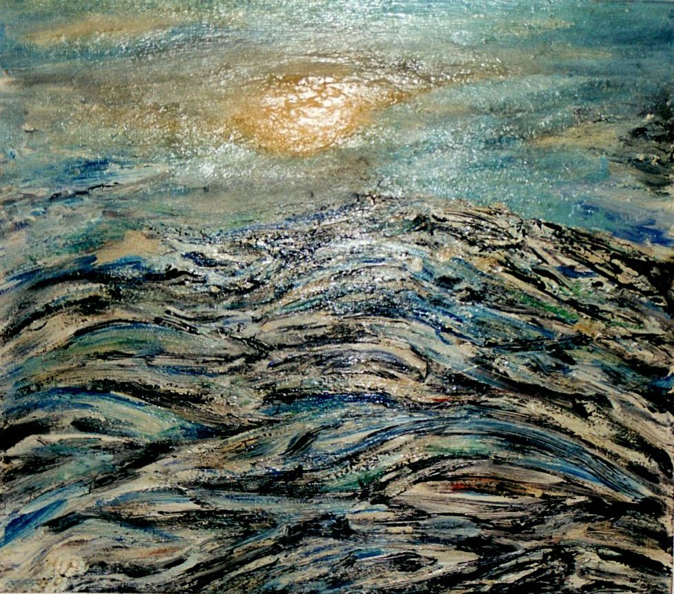 <lora:Ancient Gold:1.0> A dynamic seascape captures the movement of choppy waves under a moody sky, with the sun glowing softly in the backg...