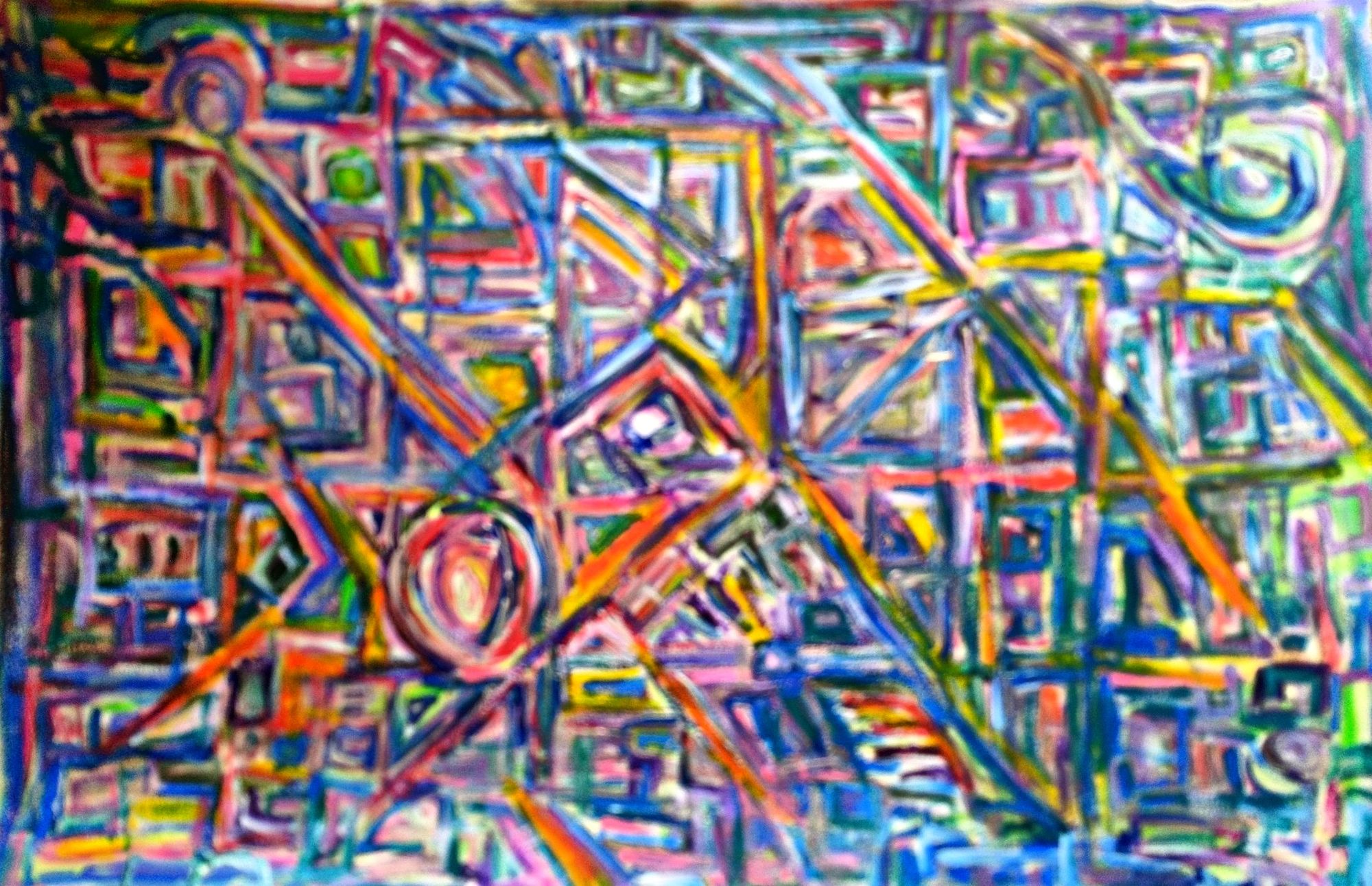 Multicolored abstract geometric shapes intersect and overlap in a complex pattern, creating a sense of depth and movement. The vibrant color...