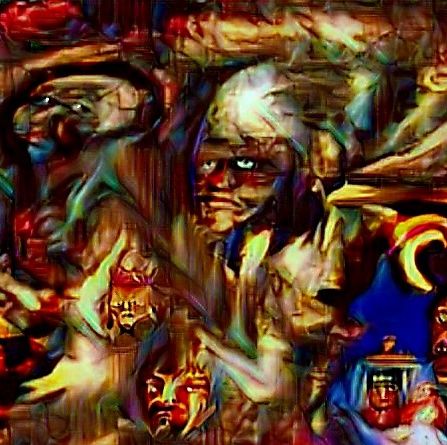 A chaotic scene filled with distorted faces and abstract forms emerges, creating a surreal and dreamlike atmosphere. The use of vibrant colo...