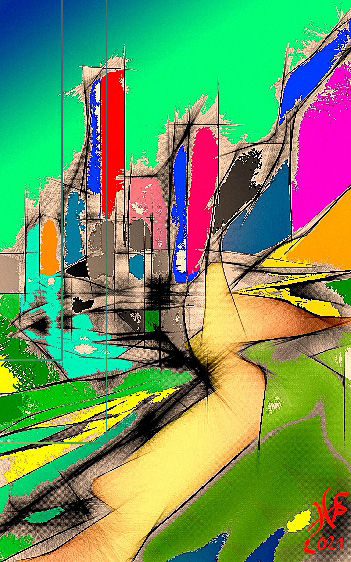 A vivid, abstract composition features bright, contrasting colors and irregular geometric shapes. Bold black lines intersect the colorful fo...