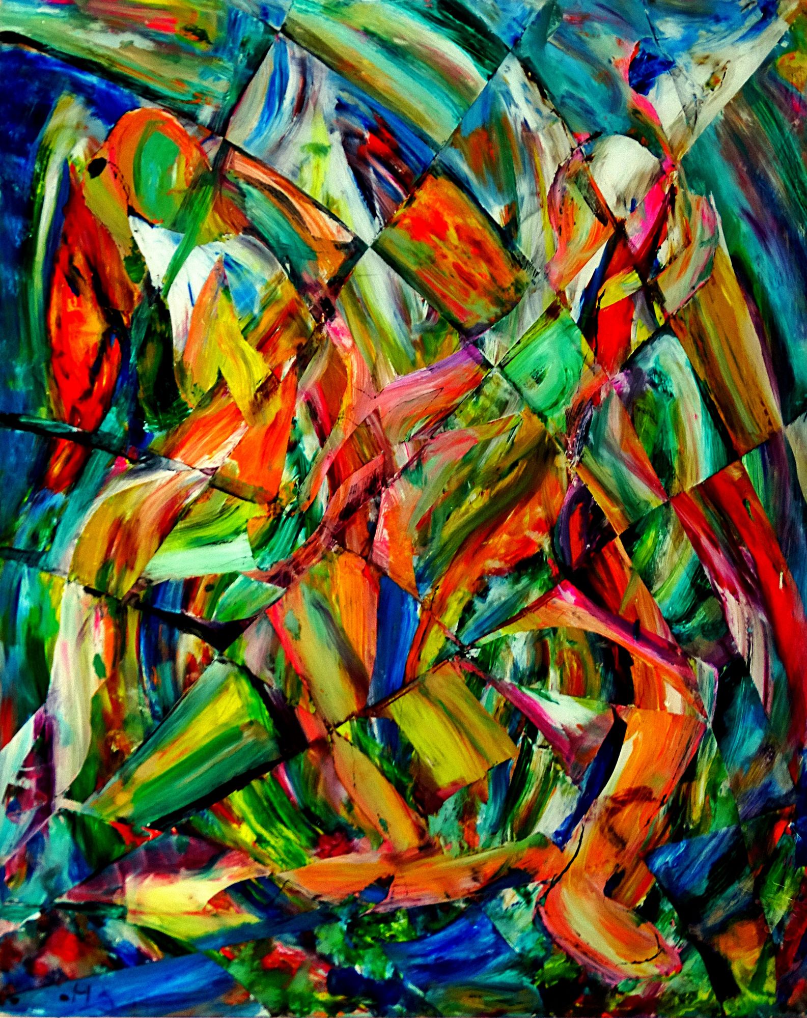 Vivid brushstrokes in a kaleidoscope of colors create a dynamic and abstract composition. Shapes and forms overlap in a mosaic-like pattern,...