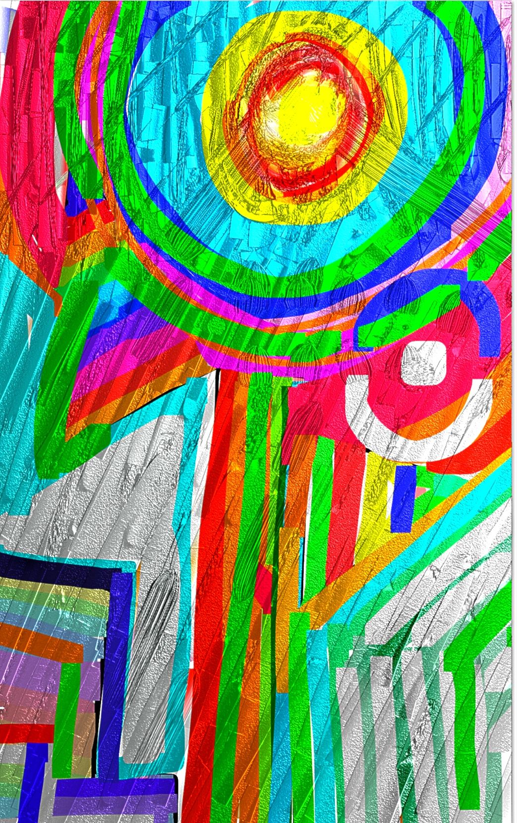 A vibrant composition features bold geometric shapes and a glowing central orb encased in a colorful arrangement. The background displays va...