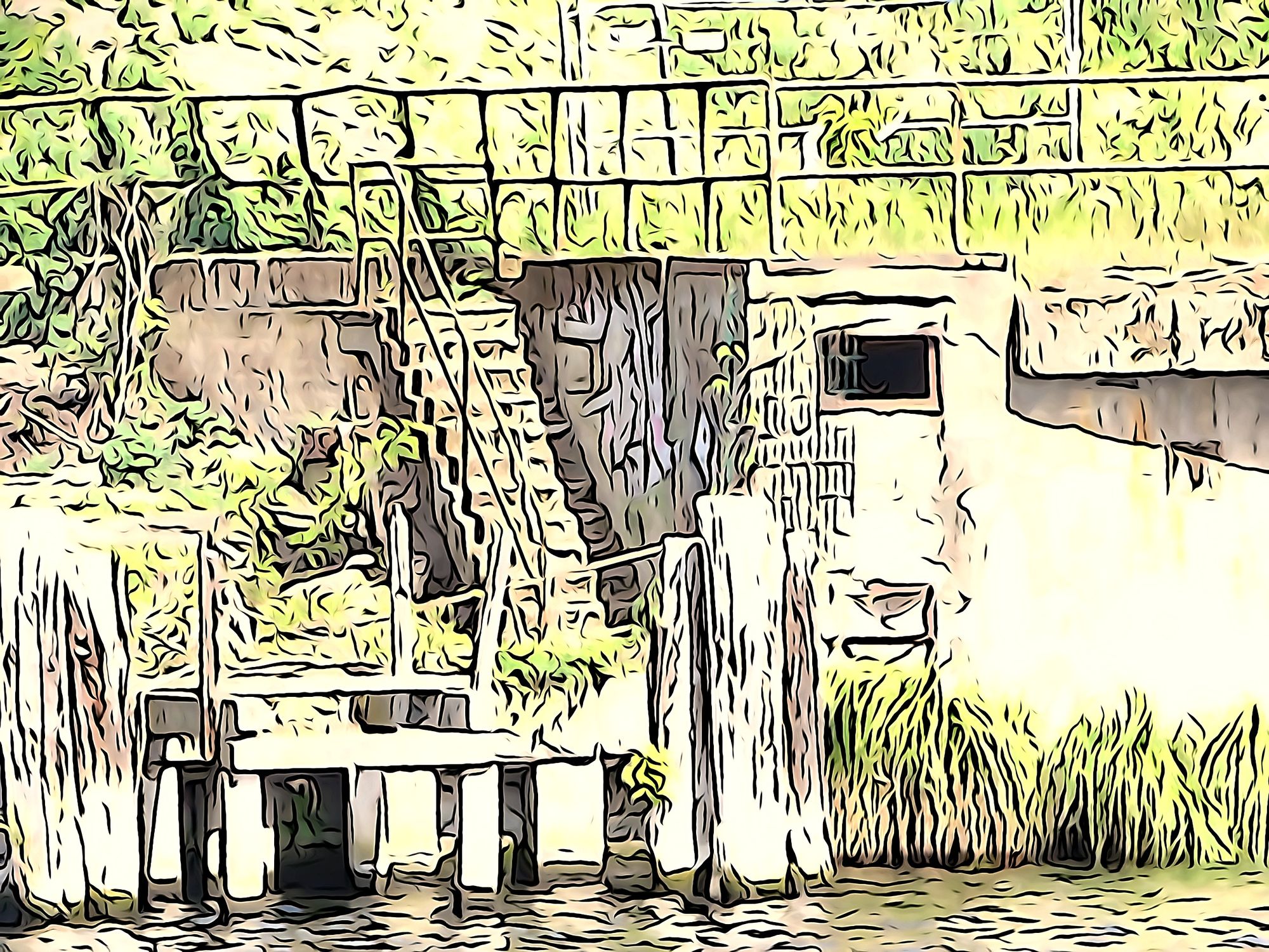 A rustic riverside scene features a staircase leading up to an elevated platform, surrounded by lush greenery. Weathered wooden structures a...