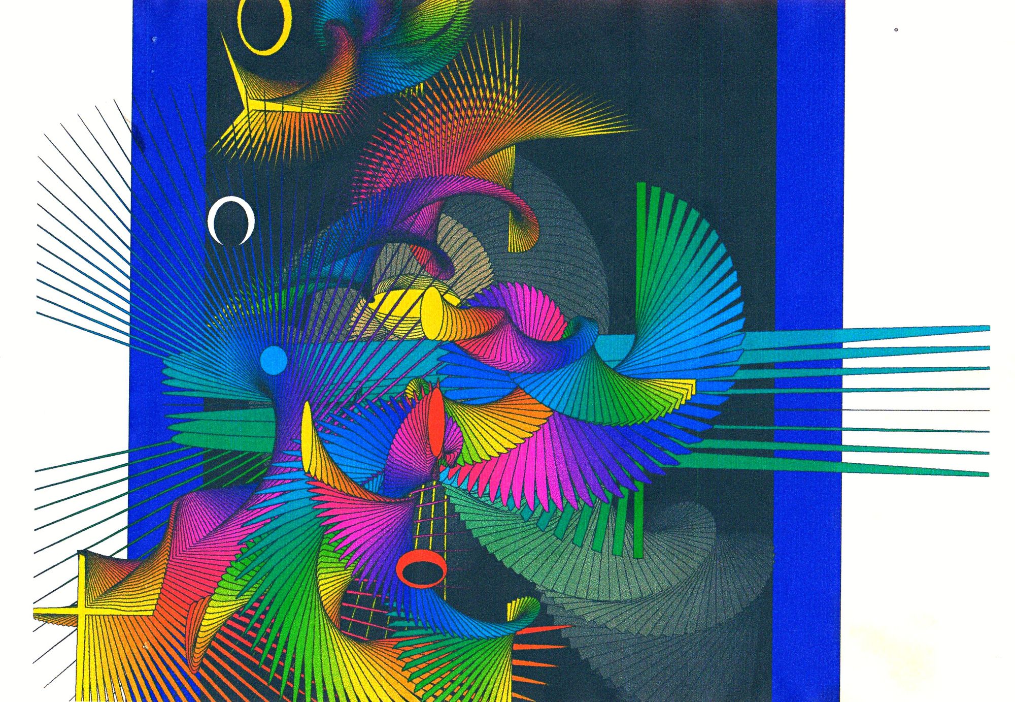 <lora:Abstract Reality:1.0> Vibrant geometric shapes and vivid colors create an intricate pattern against a dark background, interspersed wi...