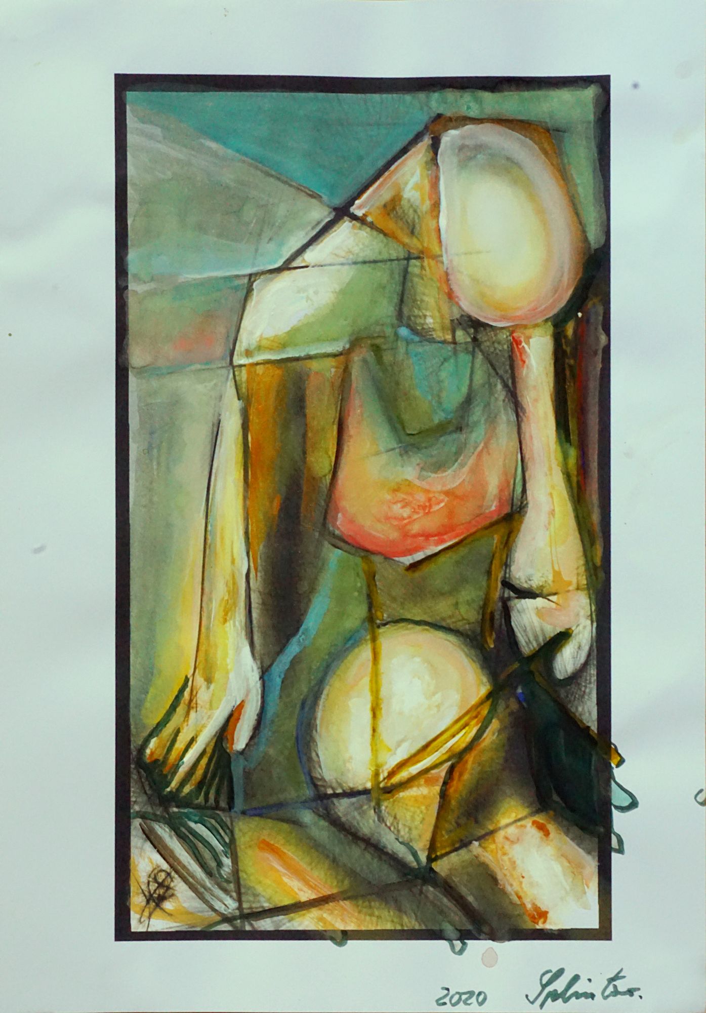 An abstract composition featuring a combination of geometric shapes and vibrant colors. The work displays a human-like form with curved line...