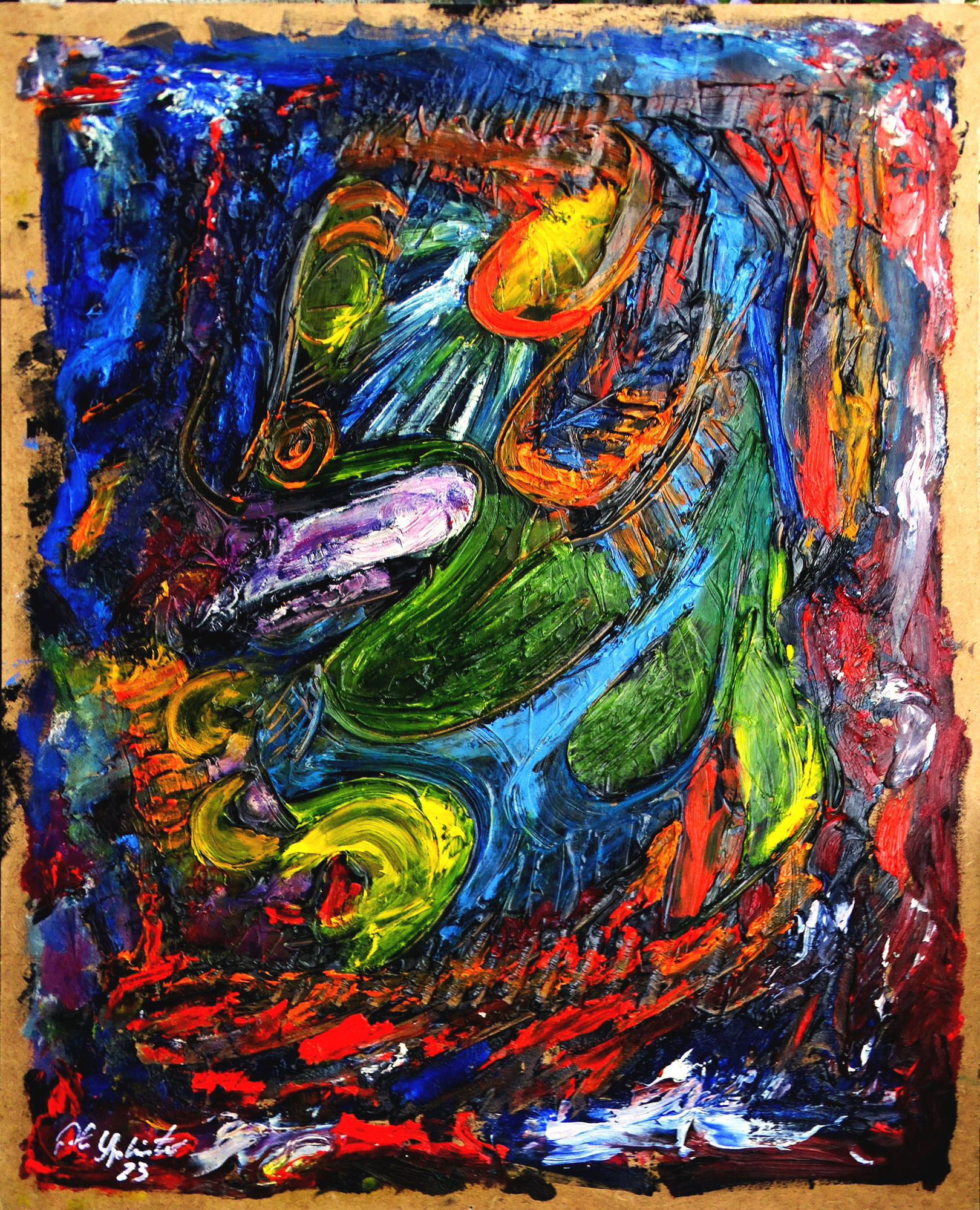 A vibrant composition features an abstract creature with vivid colors and dynamic brushstrokes, suggesting a lively and chaotic scene. The s...