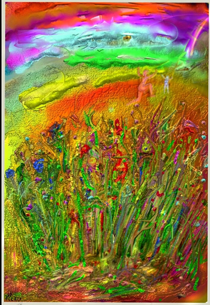 Vibrant colors swirl together to create a lively depiction of a garden, with bold brushstrokes suggesting a field of wildflowers under a rai...