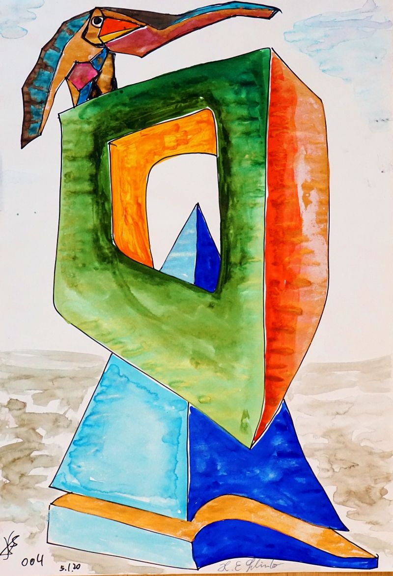 A colorful abstract composition features geometric shapes and intricate patterns in shades of green, blue, orange, and brown. The interplay...