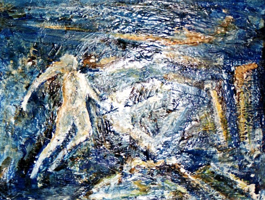 The abstract composition features a ghostly figure swirling within a textured blue and white background. Dynamic brushstrokes suggest moveme...