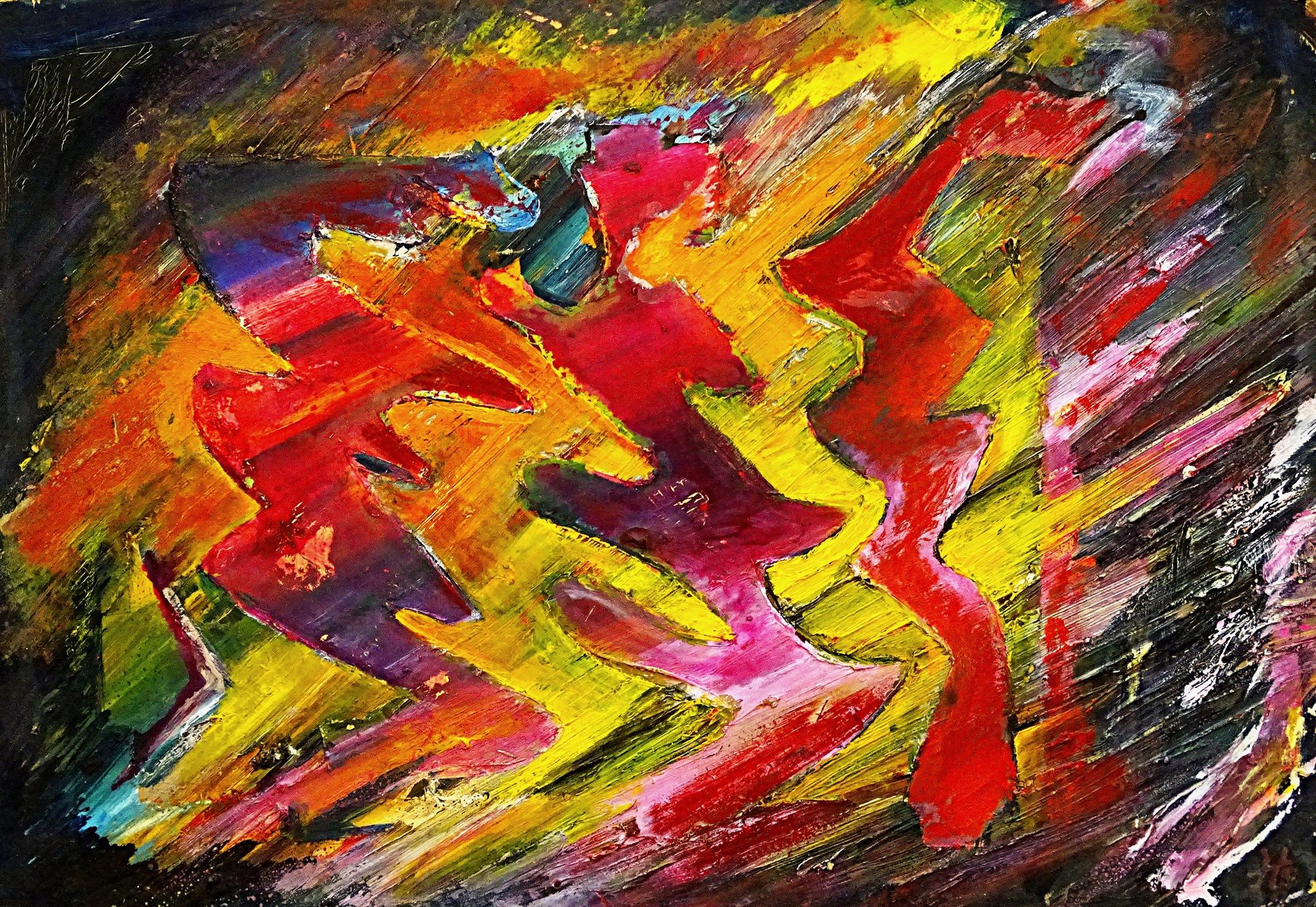 Vibrant swirls of red, yellow, and orange dominate the composition, creating a sense of dynamic motion. Bold colors blend together, forming ...