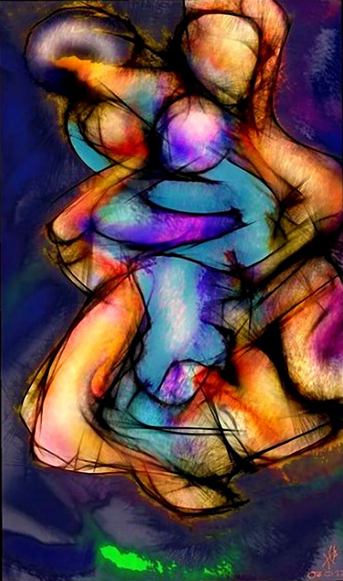 Bold, intertwined shapes with vibrant colors create a dynamic composition against a dark background. The use of blues, oranges, and reds sug...