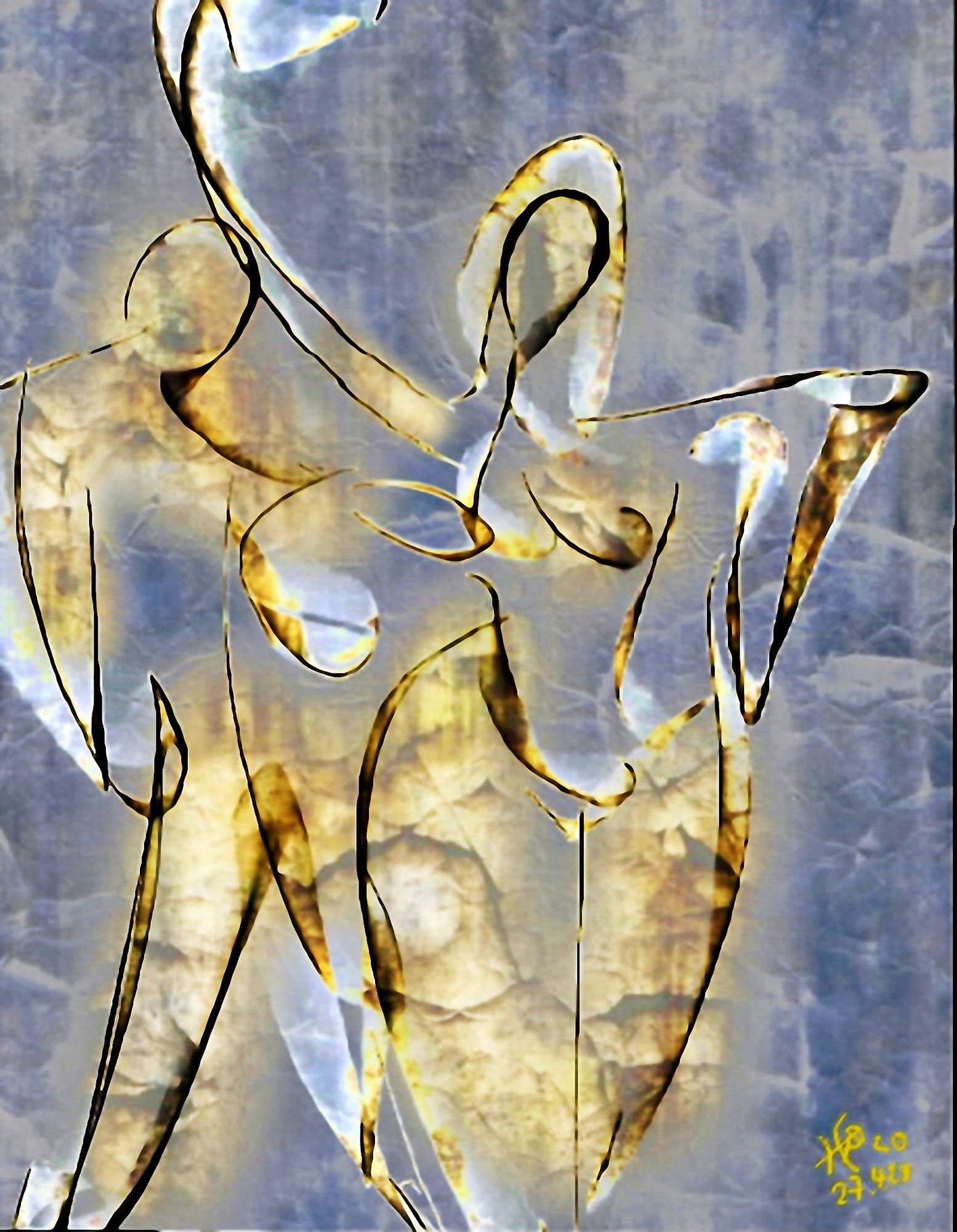 Abstract, flowing lines in gold and black outline two intertwined figures against a soft blue and white background. The use of light and sha...