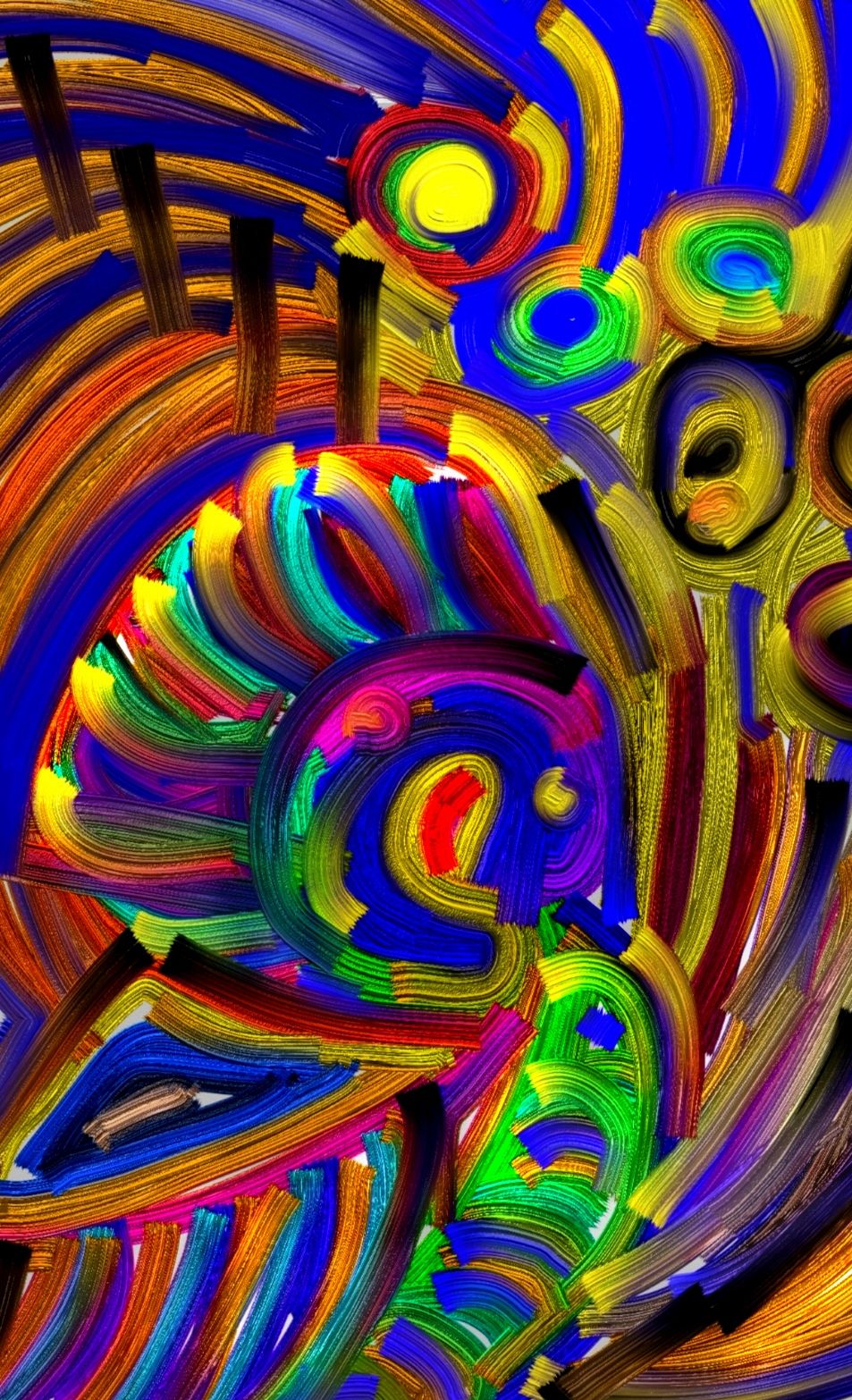 Bold, swirling patterns of color create a vibrant and dynamic effect. Bright blues, yellows, reds, and greens blend and contrast, forming a...