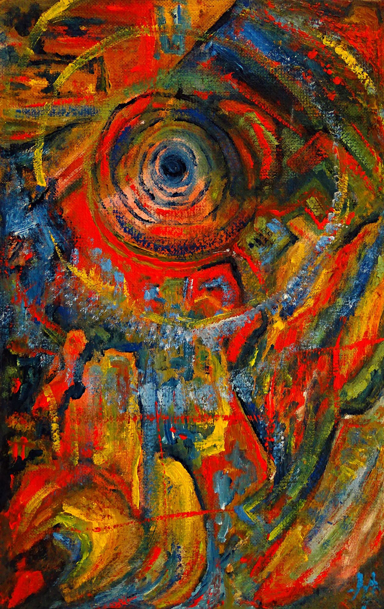 Vibrant swirls of red, yellow, and blue converge towards a central dark circle, creating a dynamic and energetic composition. The interplay ...