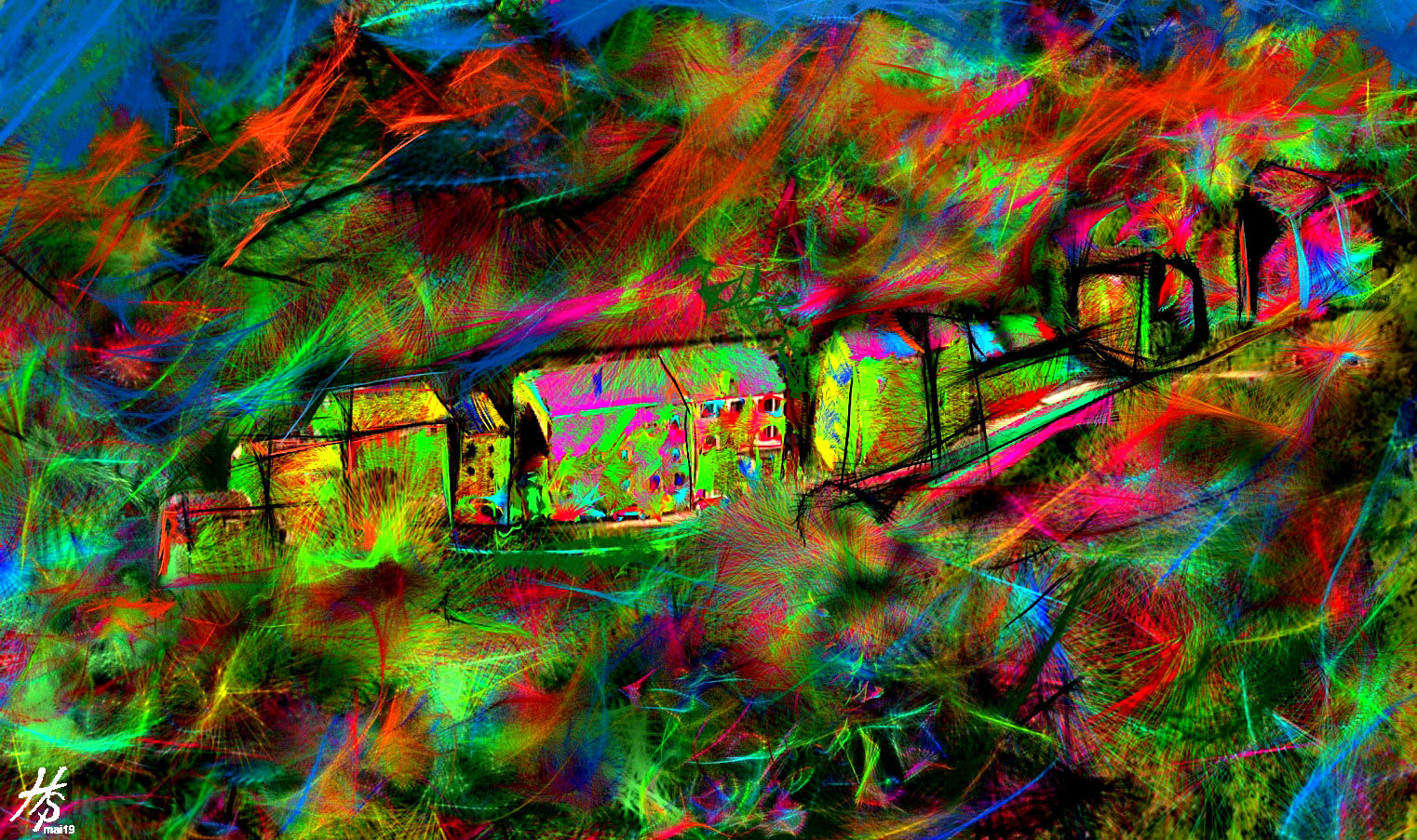 Colorful strokes and vibrant hues create a dynamic scene with abstract shapes reminiscent of buildings. Bright greens, reds, and blues blend...