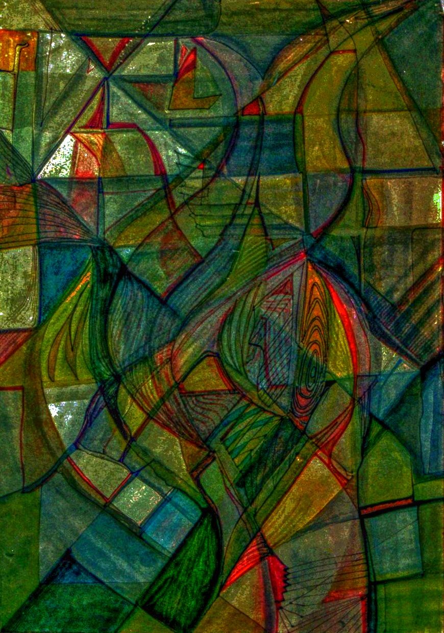An intricate composition of geometric shapes and flowing lines creates a dynamic sense of movement. Various shades of green, blue, and brown...