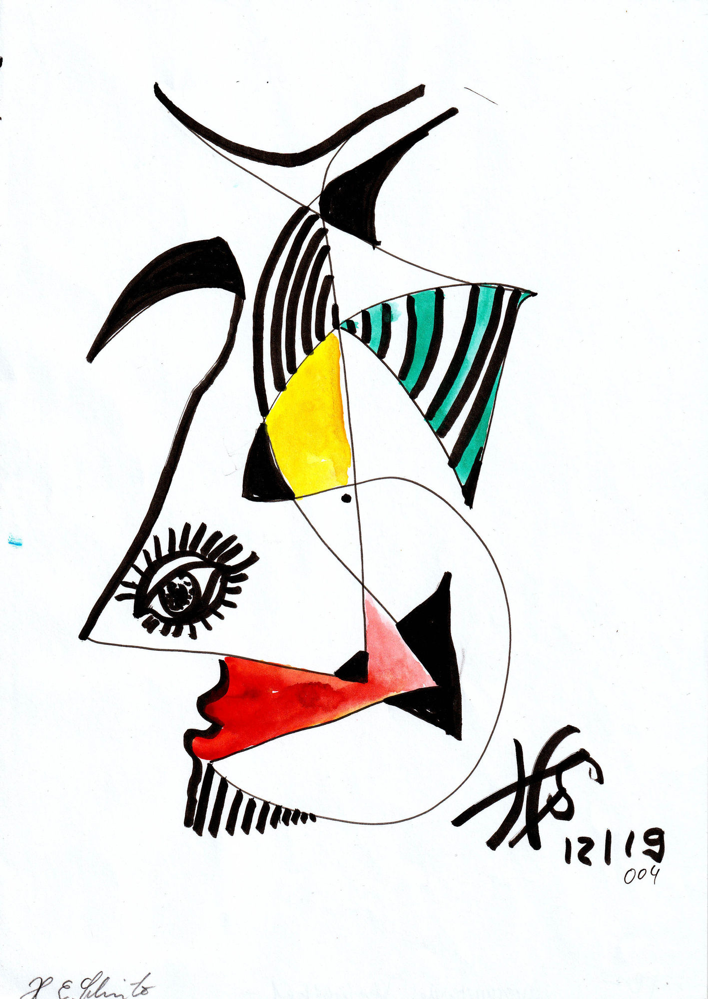 A stylized abstract profile features bold, angular shapes with a mix of black lines and vibrant colors, including red, yellow, and teal. Geo...