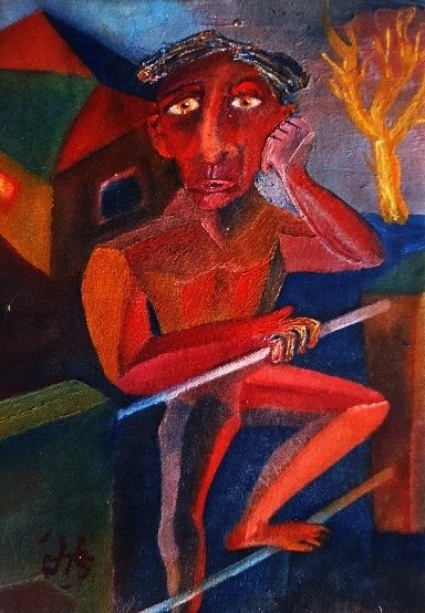 A contemplative character with a pensive expression sits in a colorful environment, featuring a house and abstract elements. The dominant hu...