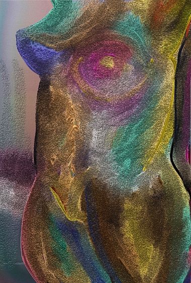 An abstract composition showcases vibrant and swirling colors with an emphasis on organic forms and flowing shapes. The mix of vivid hues an...