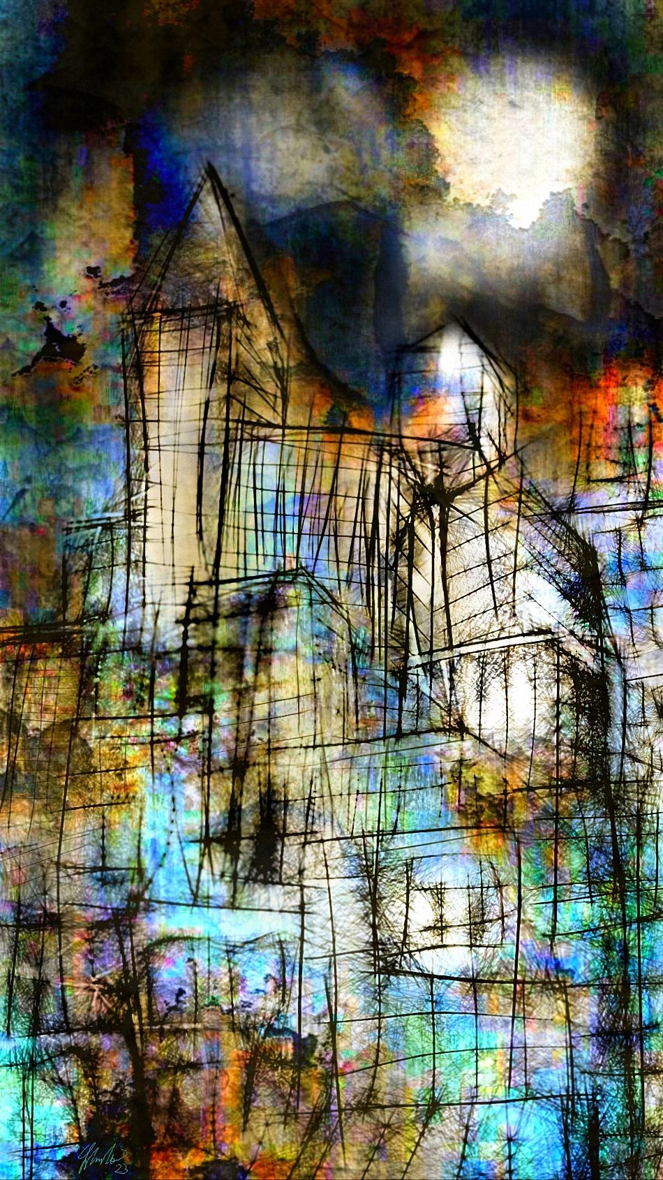 A vibrant depiction of a cityscape with abstract, geometric lines blending into a colorful, almost surreal background. The detailed structur...