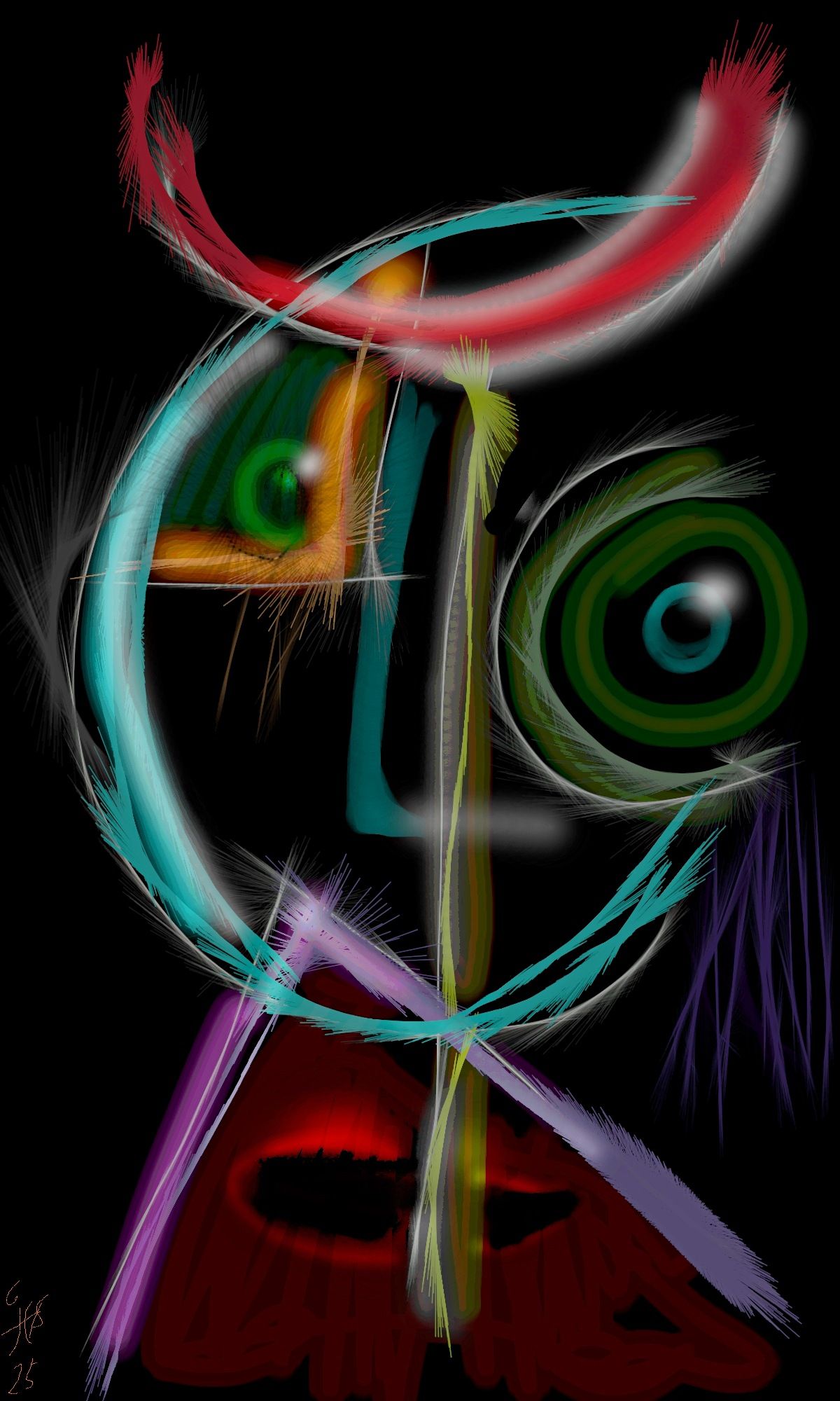 <lora:Ink Poet:1.0> Vibrant, sweeping lines and curves create an energetic composition against a dark background. The use of different color...