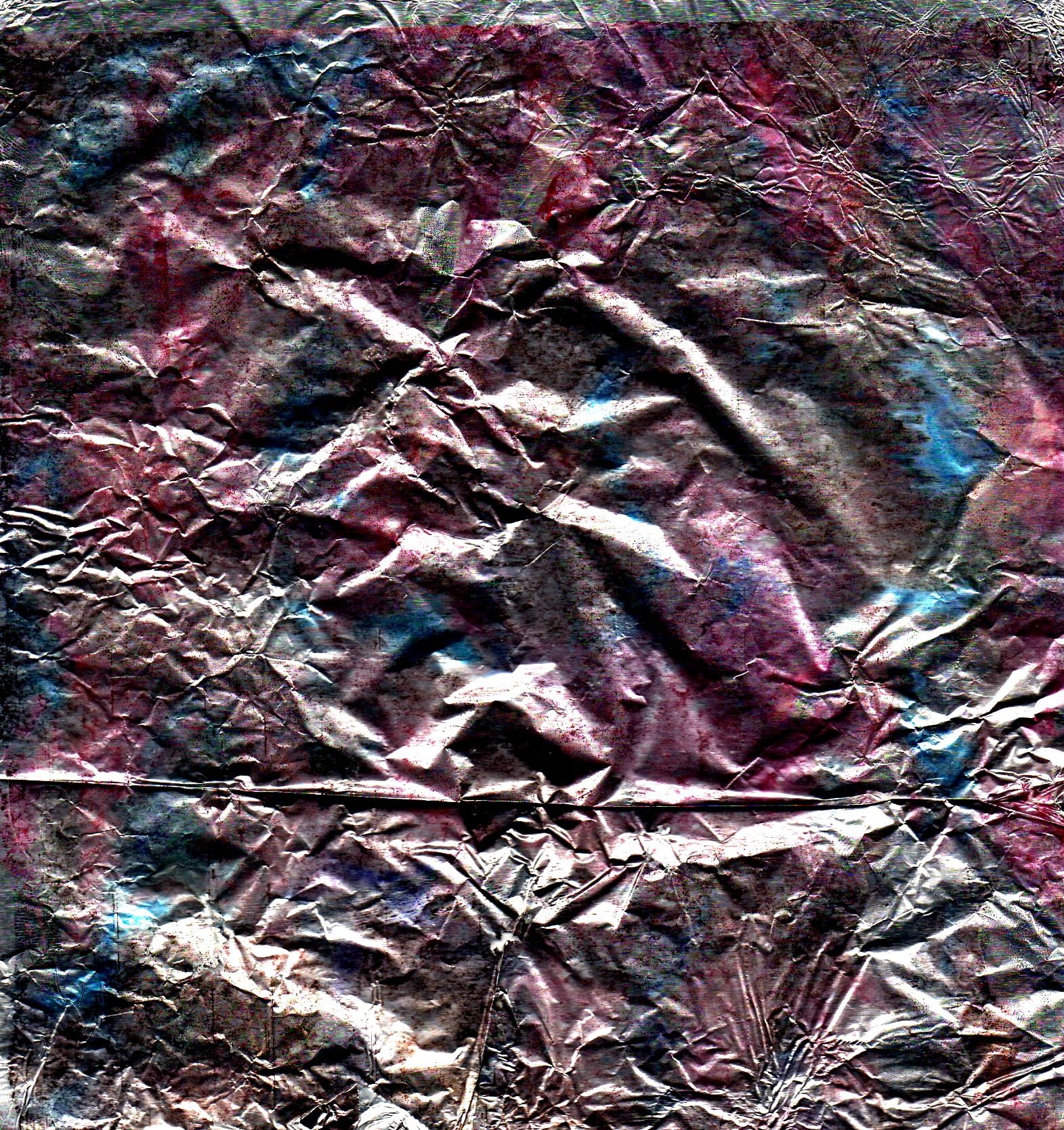 <lora:Abstract Reality:1.0> <lora:Ink Poet:1.0> Crinkled and textured material is covered in an array of colors, featuring shades of blues, ...