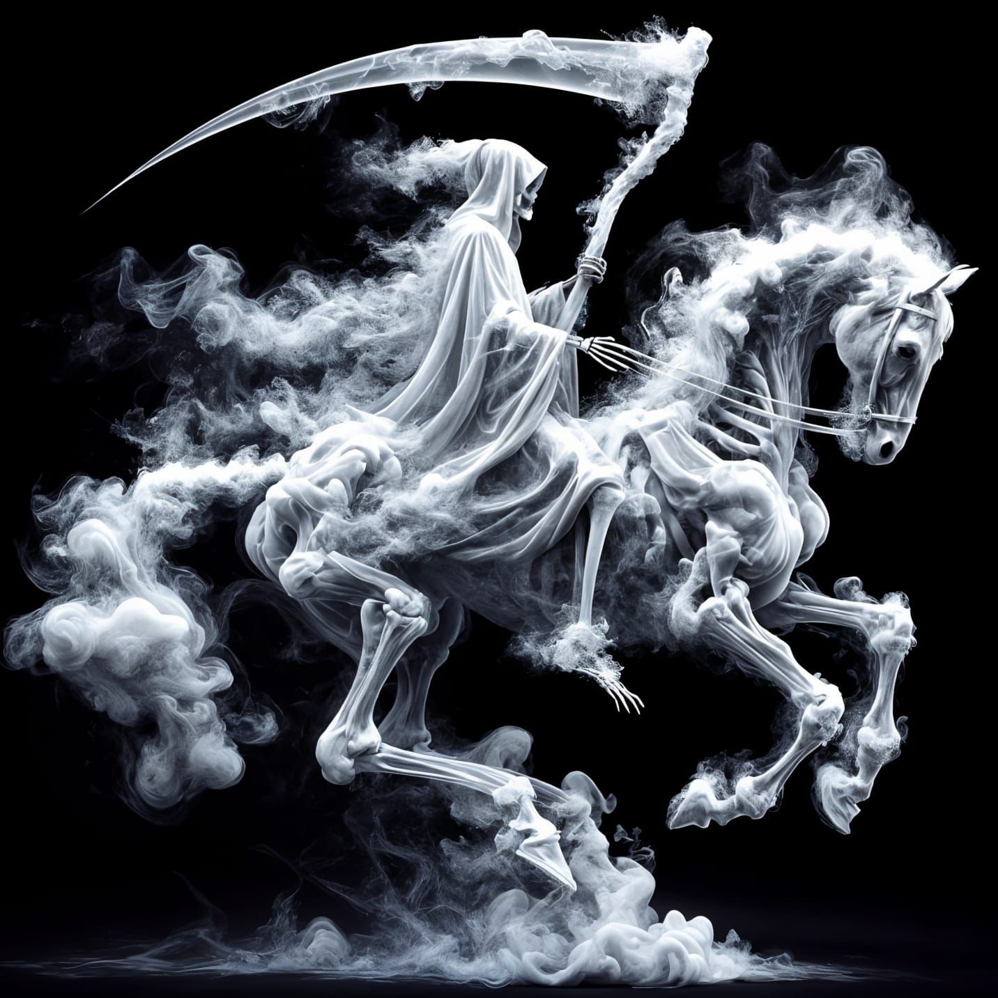 A ghostly figure of a beautiful fairy riding a ghostly mystical cat-creature, both formed entirely out of swirling, translucent white smoke....