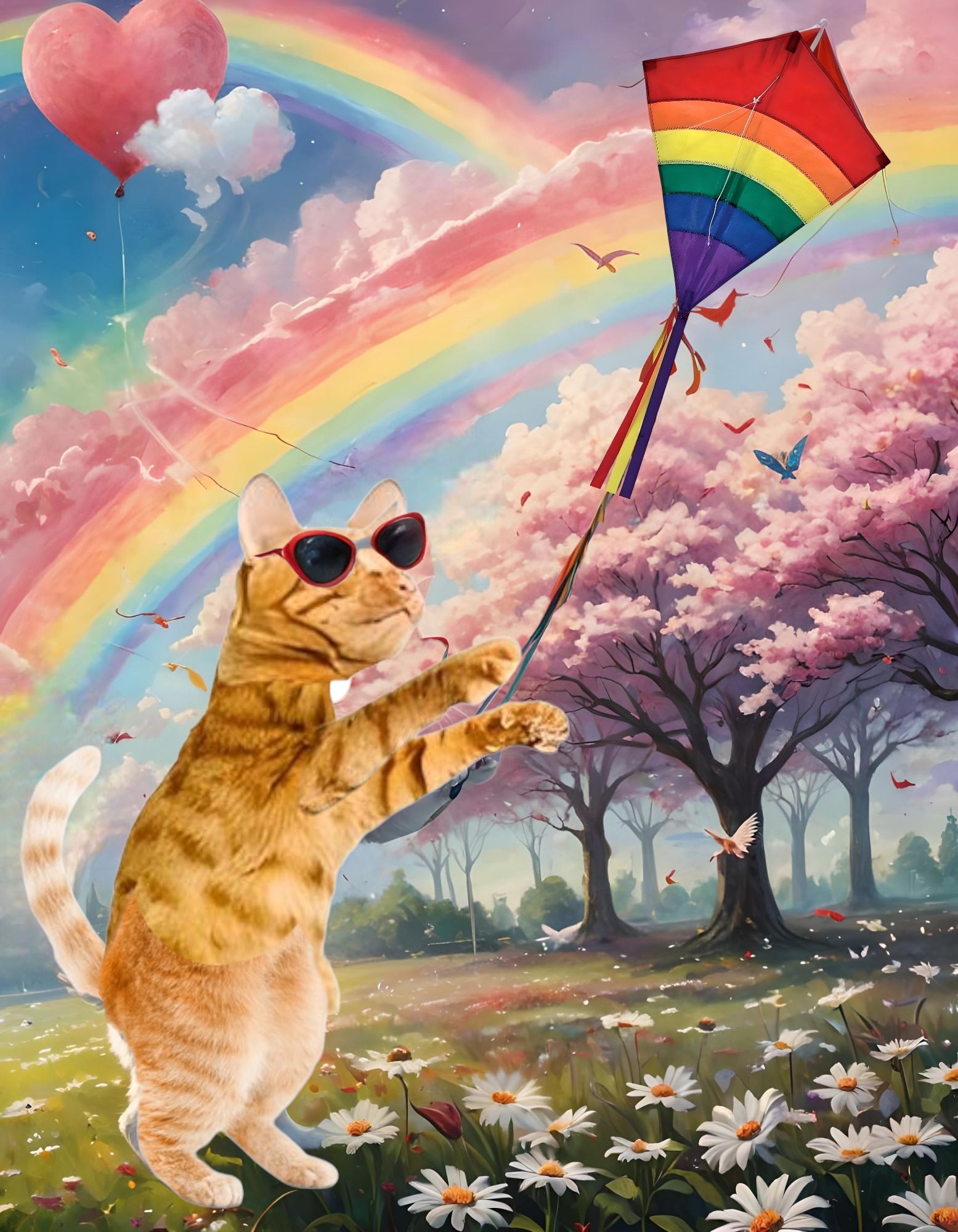 An extreme wide shot of a smiling orange tabby cat wearing BLACK sunglasses and a fancy BLACK necklace, flying a colorful kite in a mystical...