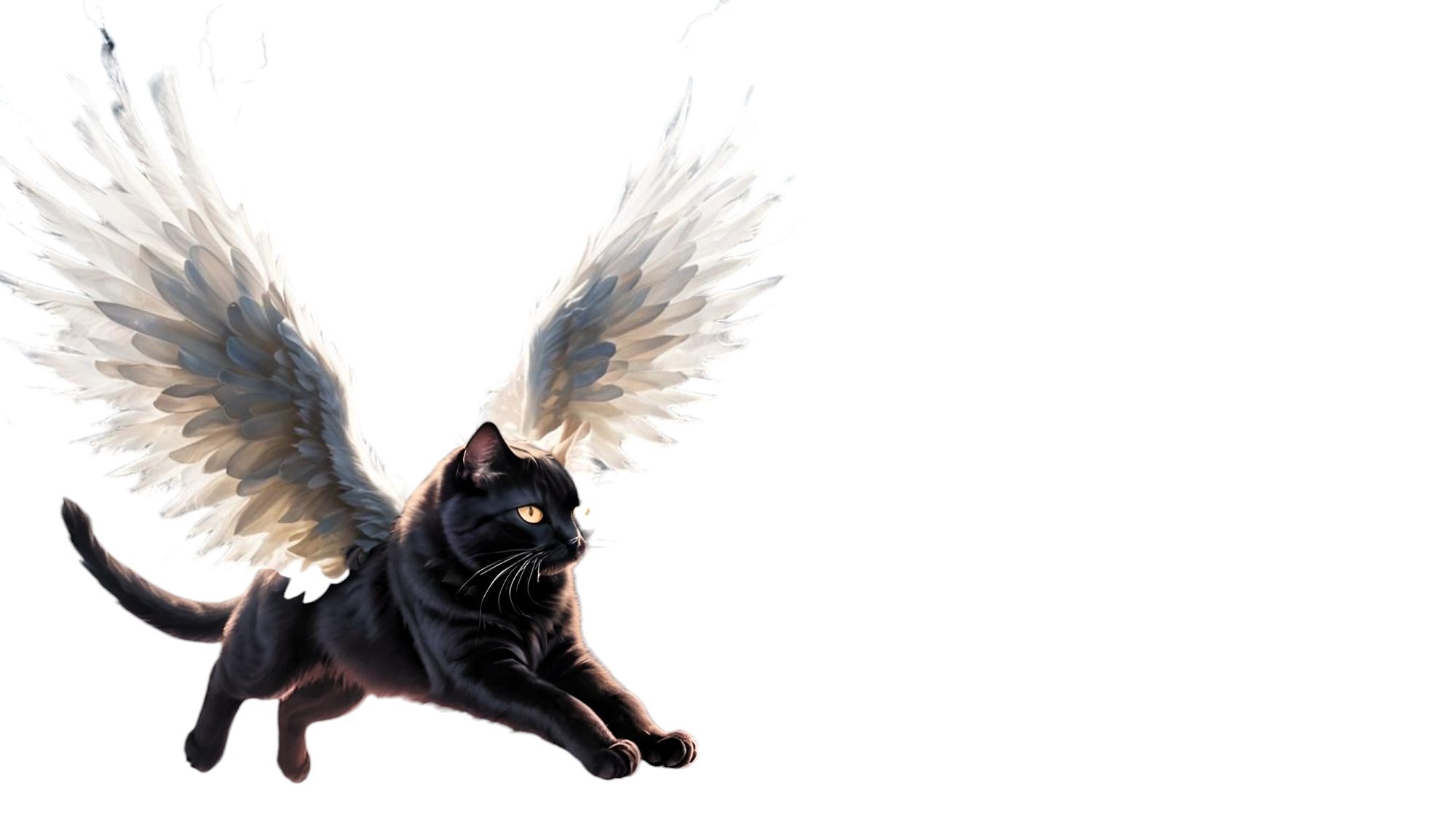 Airbrush art masterpiece of a majestic, glowing short-haired BLACK cat with large white ethereal wings. The cat's fur and wings shimmer with...